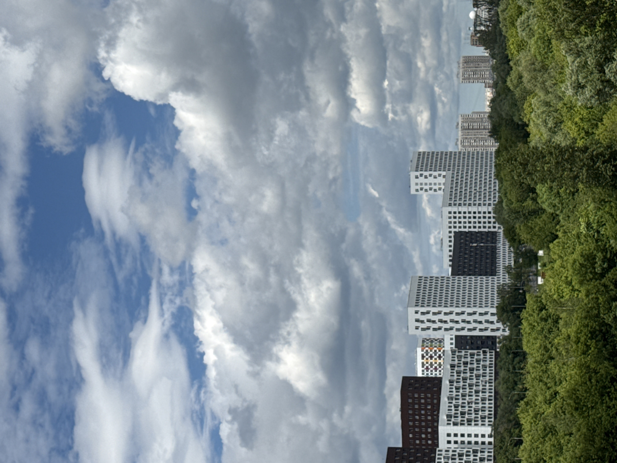 This image depicts a skyline of modern residential buildings in Moscow, Russia, set against a dramatic sky filled with both blue patches and large, grey, fluffy clouds. The buildings vary in design and color, with several prominent structures featuring white facades and numerous windows. One building on the left is dark brown and rectangular. To its right, a white building has a colorful mosaic pattern. Further to the right, a tall, slender white building stands out, followed by a series of white and dark-colored buildings. In the foreground, a dense, lush green forest occupies the lower portion of the image. The overall impression is of a contemporary urban landscape adjacent to a natural green space, under a dynamic sky.