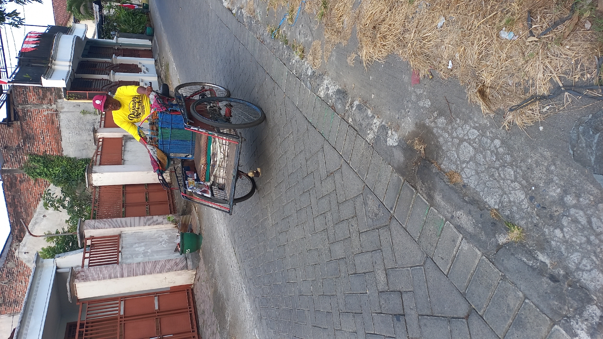 A man wearing a yellow t-shirt and a red cap rides a pedicab on a paved road in Mangunsari, Indonesia. The pedicab has two large rear wheels and a single front wheel. It is carrying colorful plastic baskets and some fabric. The man appears to be pushing the pedicab. The street is lined with houses and fences. There are some plants and dry grass on the side of the road. The sky is overcast.