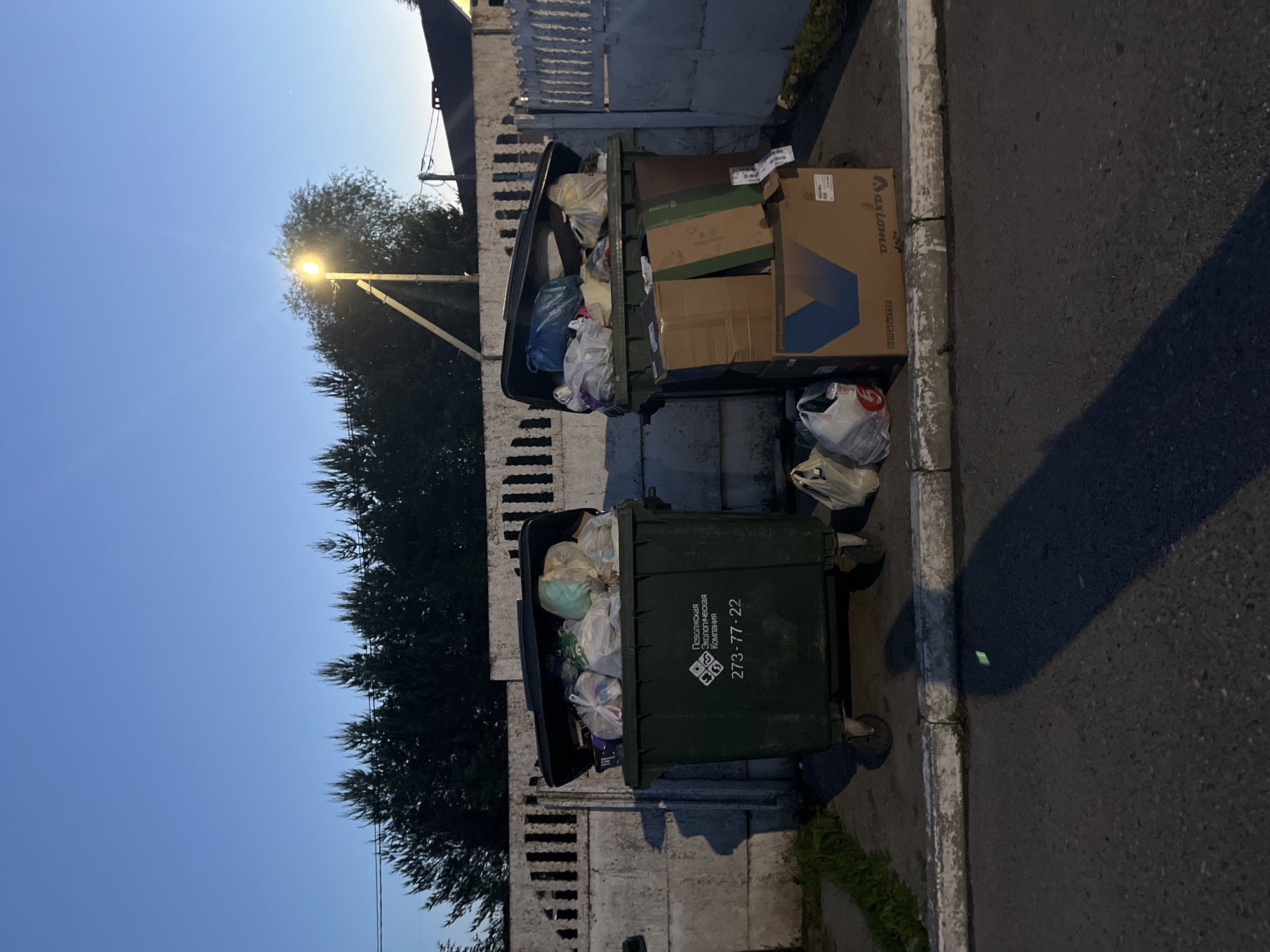 The image, oriented in landscape, depicts an outdoor street scene at twilight or early morning in Ореховка, Russia. Two dark green, wheeled dumpsters are positioned side-by-side on a paved area adjacent to an asphalt road, separated by a white curb.
Both dumpsters are overflowing with trash. The dumpster on the left is filled with various plastic bags, primarily white and blue, and has its lid partially open. The dumpster on the right also contains numerous trash bags and several cardboard boxes. One prominent brown cardboard box next to it features the brand name "Vaxionna" and a blue graphic, while another smaller box visible inside has "Control" printed on it and "OUTDOOR UNIT". On the side of this right dumpster, white text is visible: "Пермская Сбытовая Компания" (Perm Supply Company) and a phone number "273-77-22", along with a logo composed of four interconnected square or diamond shapes.
Behind the dumpsters stands a weathered, white-painted fence or wall, beyond which a dense line of dark green trees is visible. A bright, warm-toned street light on a lamppost, located in the upper left of the frame, illuminates the scene. The sky is a clear, light blue, suggesting either sunrise or sunset. Shadows from the bins and fence are cast onto the asphalt road.