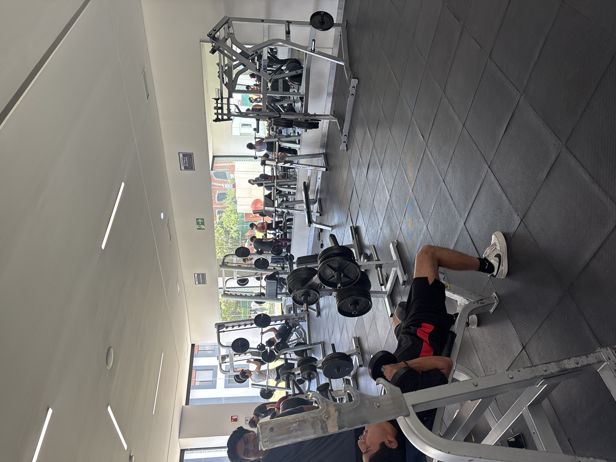 This image was taken in a gymnasium in San Andrés Cholula, Mexico. There are several people working out on weight machines and with dumbbells. A man in the foreground is bench pressing dumbbells with the assistance of another man standing beside him. The gym equipment includes various weight machines, squat racks, and benches. The floor is covered with black rubber mats. There are windows on the left side of the frame, with sunlight streaming into the gym.