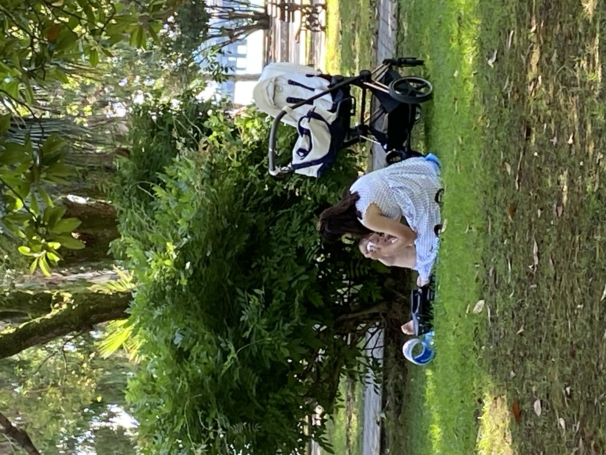 In Sokhumi, Abkhazia, a woman in a white patterned dress sits on the grass, facing a baby. The woman is holding the baby, who appears to be an infant. A stroller is positioned to the right of the woman. The scene is set in a park with lush green trees and a pathway in the background. The ground is covered with grass, and some fallen leaves are visible. The lighting suggests it is daytime.