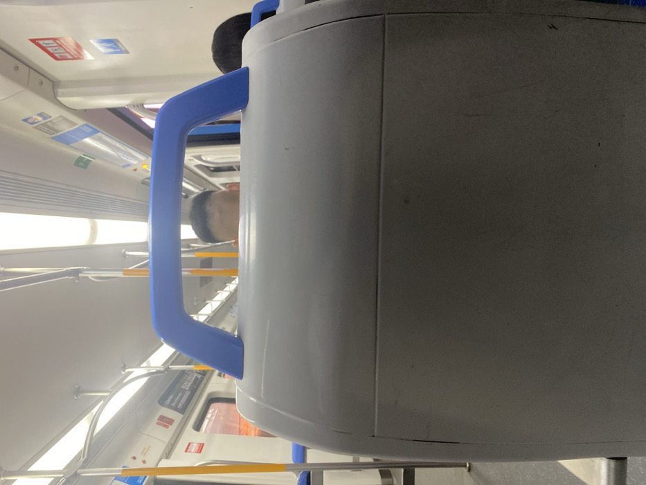 The image displays the interior of a passenger train car, presumably on a line operating within or near Luis Guillón, Argentina. In the foreground, the back of a light gray padded train seat is visible, featuring a prominent blue plastic grab handle mounted horizontally on its upper edge. Partially obscured by this seat, the upper portion of a person's head, characterized by short, dark hair and a visible forehead, is seen. Further back and to the right, a second individual's dark-haired head is visible, partially obscured. The train's interior features white walls and ceiling, equipped with multiple fluorescent light fixtures running lengthwise. Silver-colored horizontal and vertical grab bars are present, along with bright yellow vertical support poles. Windows along the left side of the frame show an indistinct reddish-orange glow from the exterior, suggesting ambient light or an external reflection. Various rectangular signs are affixed to the train car's walls, some displaying unreadable text or pictograms; one sign on the left wall shows the numbers "500.000." No specific actions or interactions are depicted; the scene captures a static moment within a moving or stationary public transport vehicle.