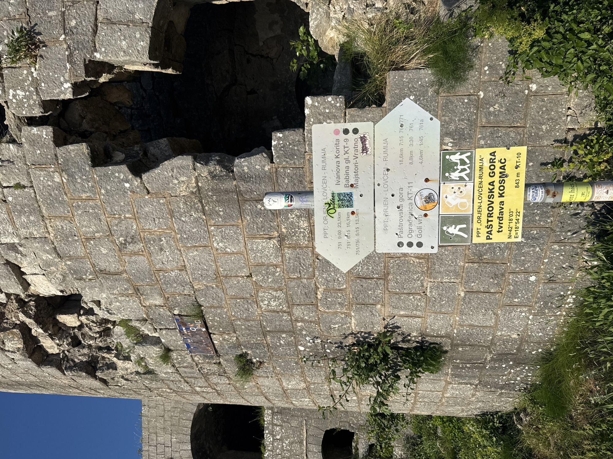 The image shows a stone wall of a fortification with a clear blue sky. In the foreground, a metal pole holds multiple directional signs for hiking trails in the area of Brajici, Montenegro. The signs point to various destinations such as "Lovcen - Rumija", "Ivanova Korita", "Babina gl. KT-9", "Majstori-Vratno", "Paštrovska gora", "Ogradjevica KT-11", and "Goli vrh". The signs also indicate distances, times, and trail numbers. Some signs have pictorial symbols representing hiking, cycling, and walking. The stone wall exhibits signs of age and damage, with some sections crumbling and vegetation growing from the cracks. The overall scene suggests a historical site with active recreational use.
