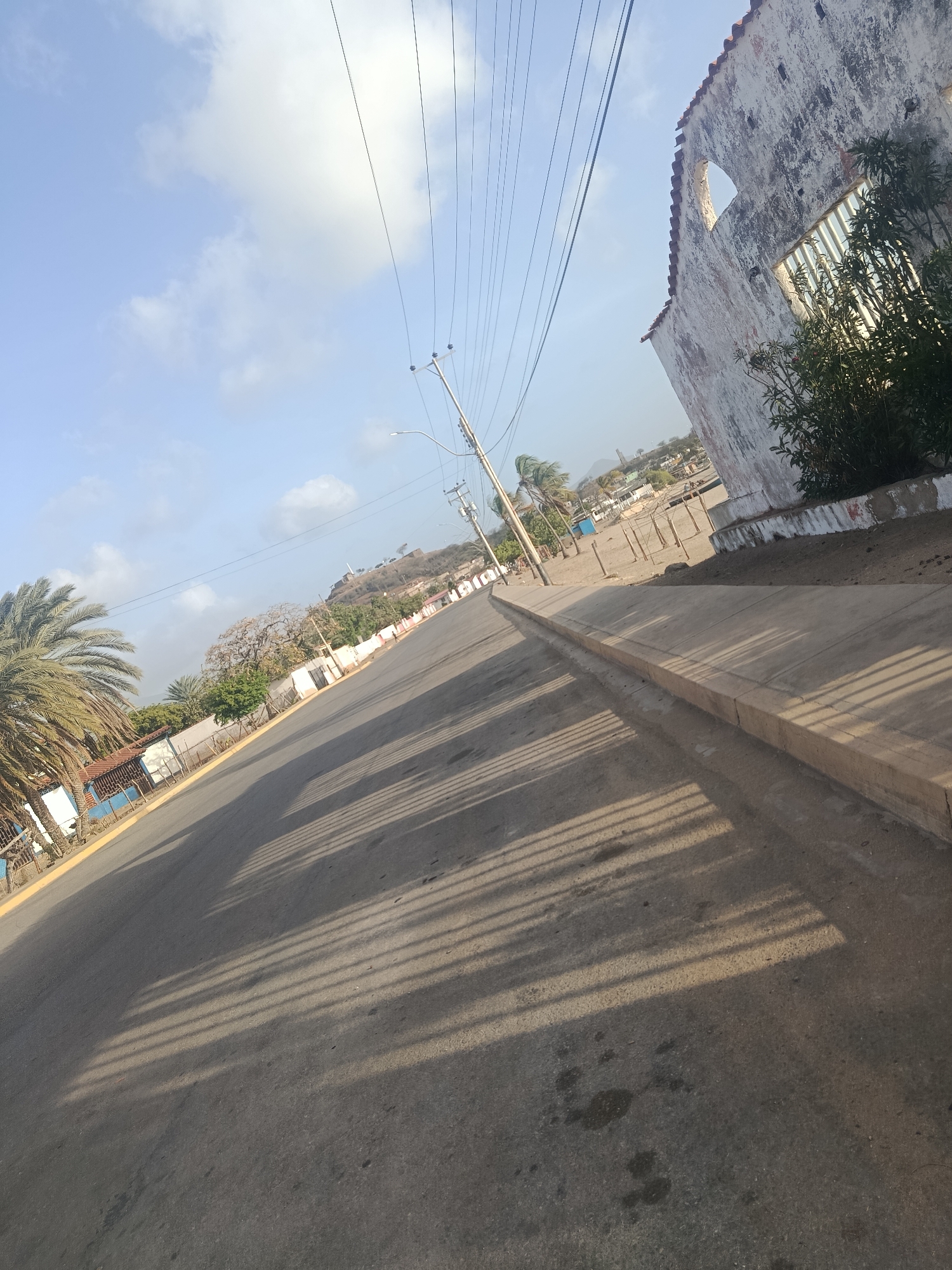 The image captures a street scene in Juan Griego, Venezuela, likely taken from ground level. The camera is angled, emphasizing a long stretch of asphalt road extending into the distance. The road is flanked by a sidewalk on the right and properties on the left. The sidewalk is defined by a concrete curb.
On the right side of the frame is a dilapidated, light-colored building with arched window openings, partly obscured by green foliage. Overhead power lines crisscross the sky. In the distance, a hilltop is visible, possibly with structures atop it.
The road surface is shadowed, with patterns suggesting sunlight filtering through nearby objects. The overall environment suggests a sunny day in a residential area.
