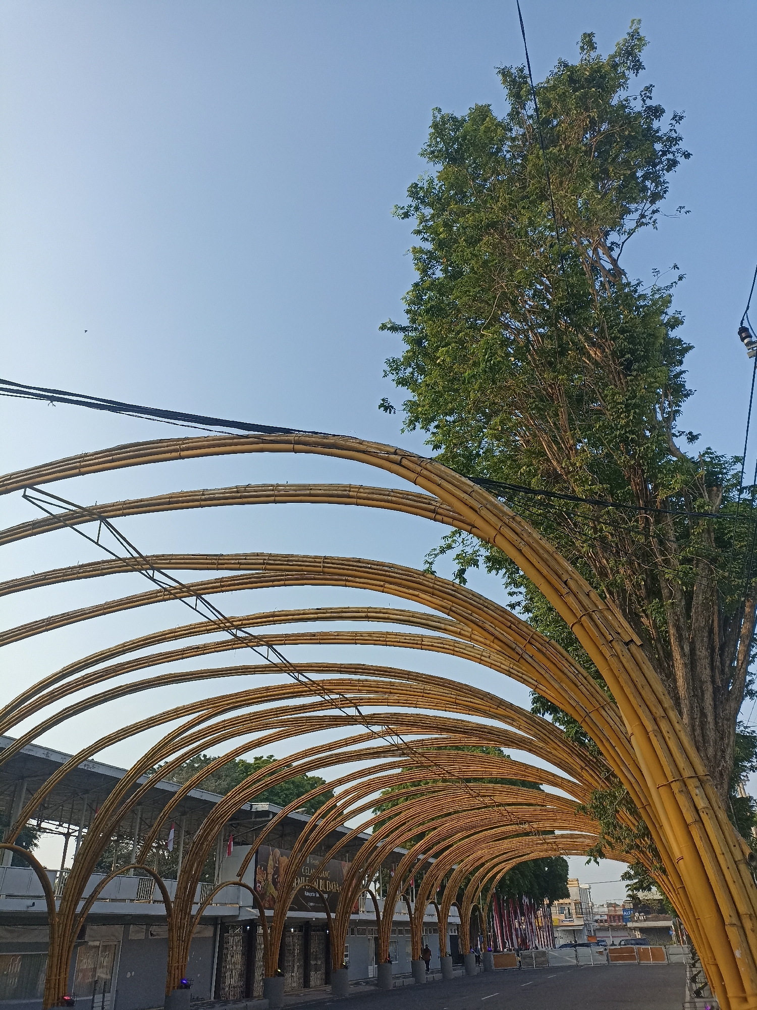 The image captures an outdoor scene under a clear blue sky, likely in Kelurahan Kepatihan, Indonesia, as suggested by the text visible on a banner. The foreground features a series of large, arched structures made of bamboo. These arches form a pathway or canopy, extending into the distance. To the right of the arches, a tall tree with dense green foliage stands prominently, its trunk thick and textured. Power lines are visible crisscrossing the upper portion of the image, with electrical insulators attached. In the background, beyond the bamboo arches, a building with a grey facade and a metal roof can be seen. Signs and flags are also visible on this building, with one banner displaying text that appears to be in Indonesian. The ground in front of the building is paved, suggesting a public area or street. A few blurry figures of people can be discerned walking or standing near the building. The lighting suggests it is daytime, with the sun casting subtle shadows.