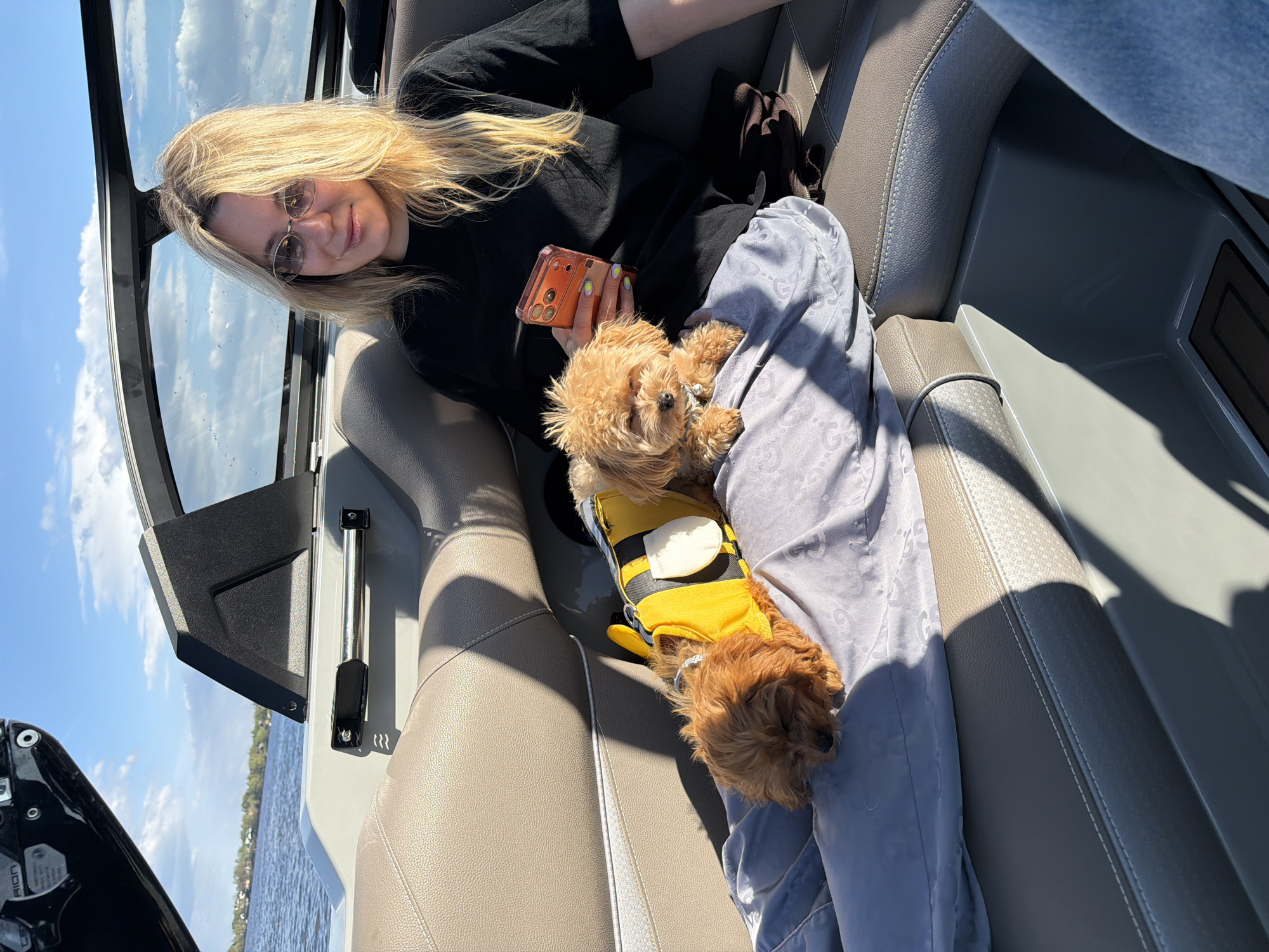 A woman with blonde hair and sunglasses is holding a phone and sitting inside a boat, with two small, brown dogs on her lap. One dog is wearing a yellow and black bee costume. The scene includes boat interiors, visible water, and sky. Based on the location mentioned, this scene is likely set in the general vicinity of Gorodishche, Russia, near a body of water accessible by boat.