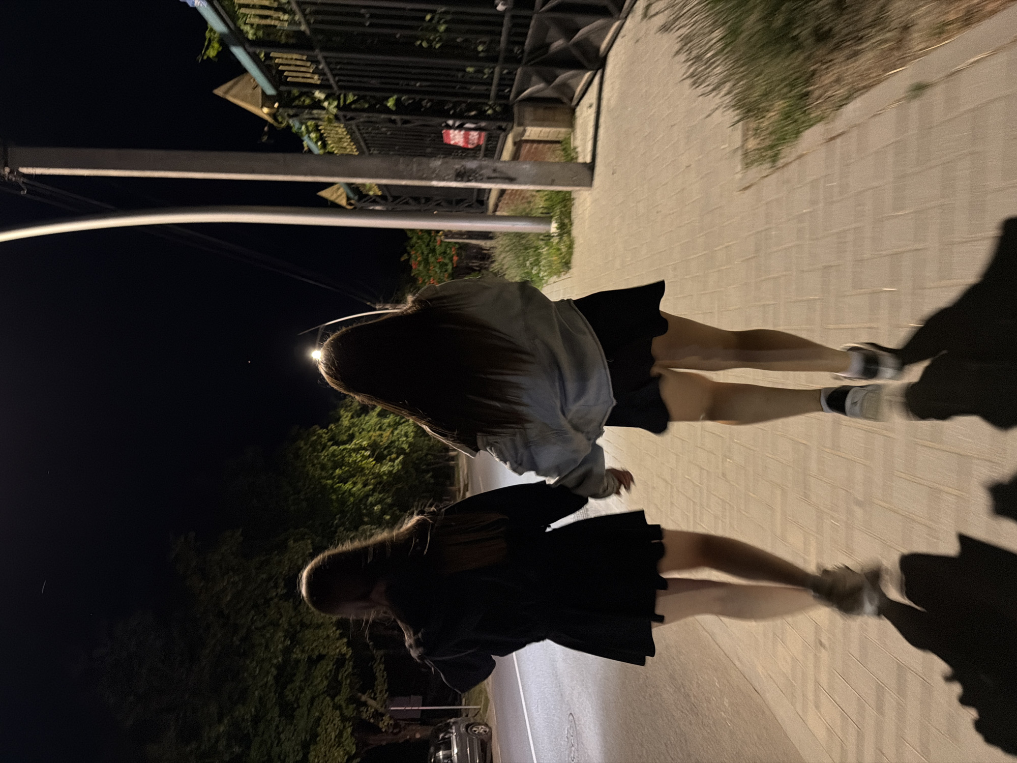 Two individuals, viewed from behind, walk hand-in-hand along a paved sidewalk at night in Strășeni, Moldova. They are on the right side of a street, with a line of trees and foliage on the left. A black car is parked on the left side of the road. A metal fence runs along the right side of the sidewalk. A lamppost is visible in the background. The ground is illuminated by artificial light sources, casting long shadows.