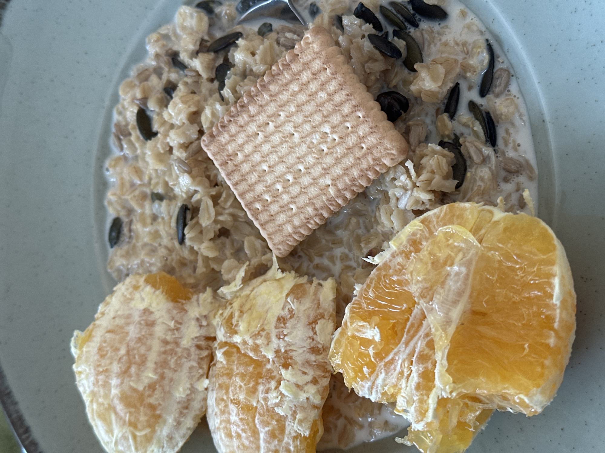 A close-up, high-angle shot depicts a bowl of breakfast food. The meal consists of a milk-soaked mixture of oatmeal and pumpkin seeds, topped with a square biscuit. Beside the oatmeal are slices of orange, some still partially covered with the white pith. The bowl itself is blue-grey with slight imperfections. The location is indeterminable from this image. It is not possible to determine the city of Novi Sad, Serbia.