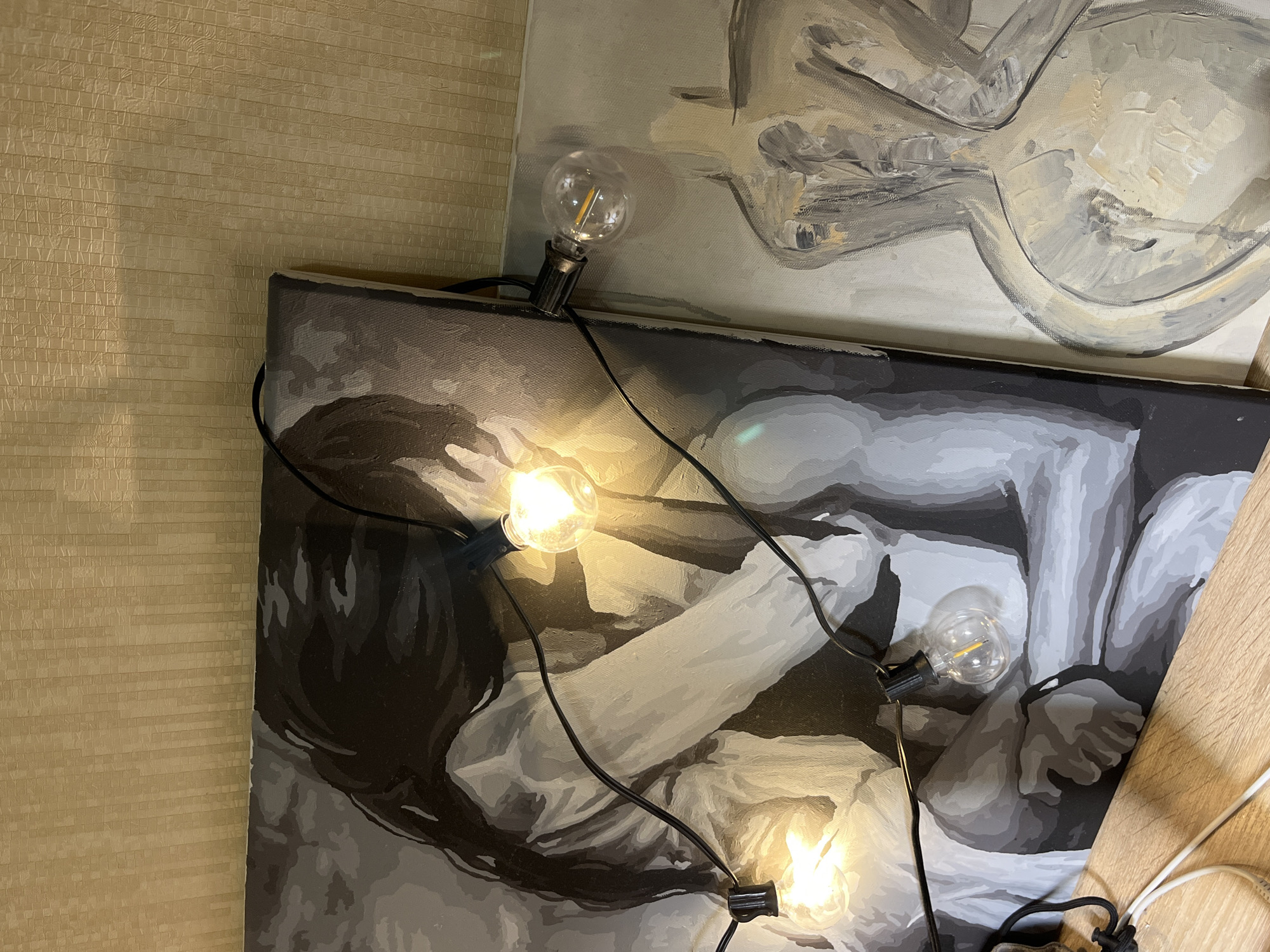 A high-angle shot shows two paintings illuminated by string lights. The paintings depict figures in grayscale. The lower painting features a dark-haired figure with arms appearing to be restrained. Above it is a lighter-toned painting of a reclining figure. The lights are small, exposed-bulb string lights with black cords that snake across the lower painting. The setting appears to be indoors, with a textured wall to the left. The city of Sochi, Russia is not discernible from the image.