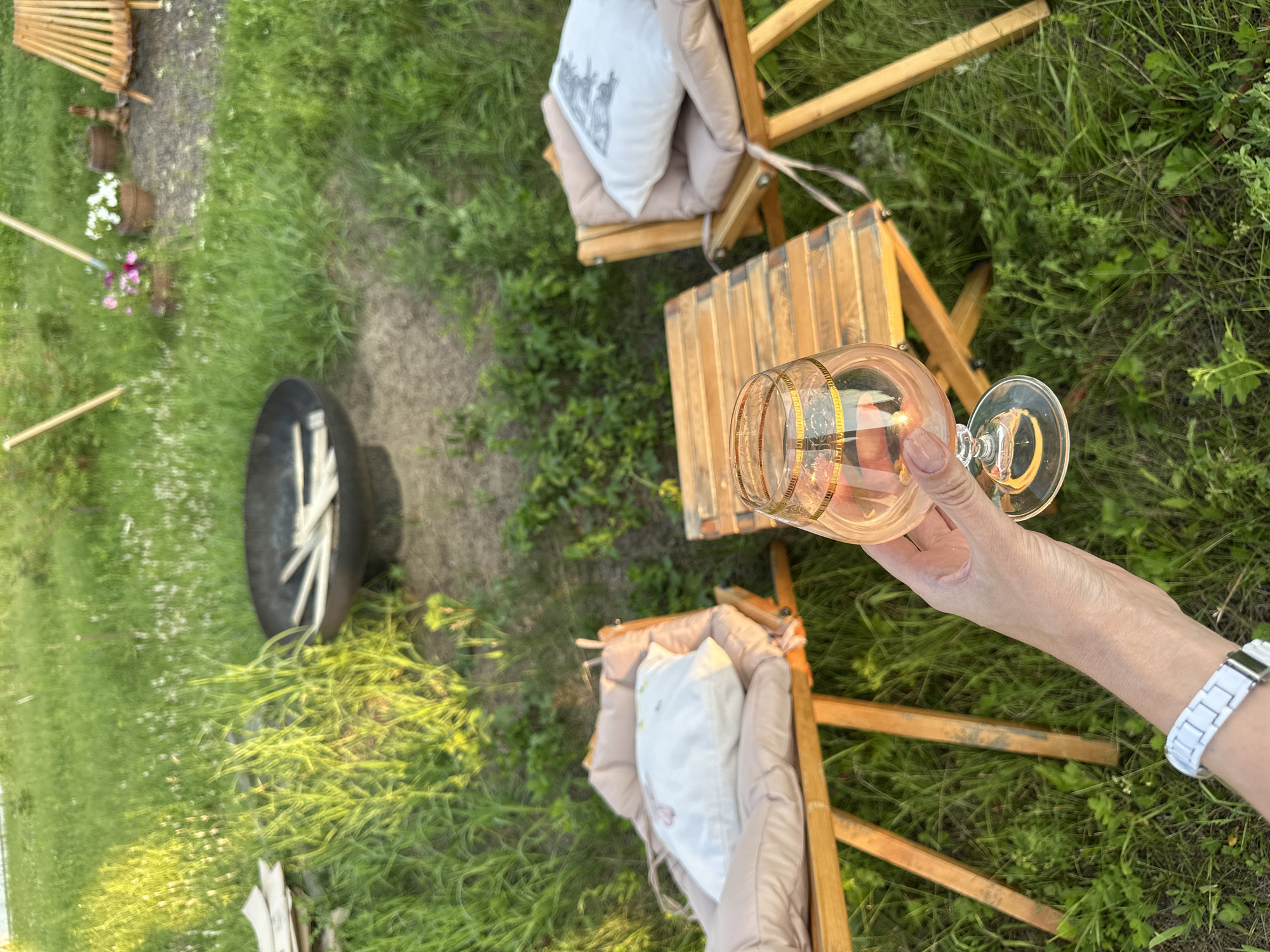 In an outdoor setting, a person's hand is visible in the foreground, holding a stemmed glass filled with a light-colored liquid. The glass has decorative gold banding around the rim. The person is wearing a white and silver bracelet on their wrist. Behind the hand, two wooden chairs with beige cushions are placed on a grassy area. A small, slatted wooden table sits between the chairs. In the background, a dark metal fire pit containing several wooden sticks is visible. Further back, a wooden chair with a slatted design and two potted plants, one with pink flowers and the other with white flowers, are present. The environment is characterized by lush green grass and vegetation, with some scattered white flowers. The overall scene suggests a relaxed outdoor gathering or leisure activity.