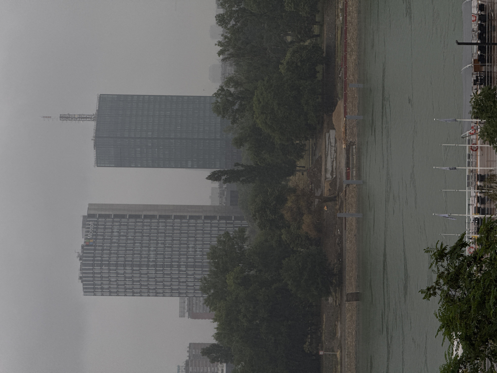 The image depicts a hazy, overcast day in Belgrade, Serbia, with a view across the Sava River. In the background, two prominent skyscrapers stand out. The one on the left is a modern building with a grid-like facade and the Microsoft logo visible near its top. To its right, a taller, sleeker glass skyscraper is topped with a telecommunications antenna.
In the middle ground, a line of dense green trees separates the river from the city. The trees appear lush, suggesting a warmer season. The river itself has a choppy surface, indicating wind or current. Along the riverbank, there is a stone embankment with steps leading down to the water. Some construction or landscaping appears to be underway on the riverbank, with piles of sand and what looks like a concrete foundation.
In the foreground, a portion of a boat or ferry is visible, docked and equipped with seating under a canopy. Two flags are flying from poles on the vessel. Dark green foliage from trees encroaches on the lower left of the frame, partially obscuring the view of the boat and the river. The overall atmosphere is somber due to the overcast weather, which casts a muted, gray light over the scene.