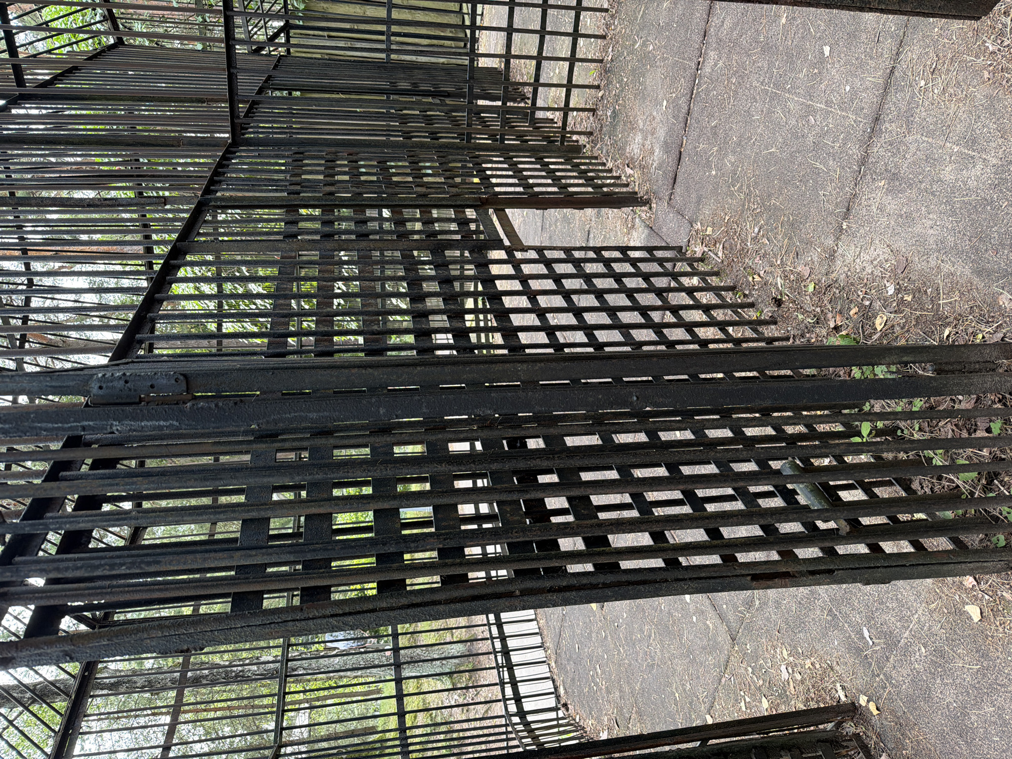 The image depicts the interior of a dark, metal cage structure in an outdoor environment. The cage is constructed from vertical metal bars with horizontal crossbars forming a grid pattern. The ground within the cage appears to be paved with concrete slabs, and scattered leaves and debris are visible on the ground. Beyond the cage, trees and foliage can be seen, suggesting a natural or park-like setting. The overall impression is one of enclosure and possibly neglect, given the rustic appearance of the metalwork. This structure is located in Riga, Latvia, within the area of the former concentration camp, where it is believed to have served as part of the camp's infrastructure.