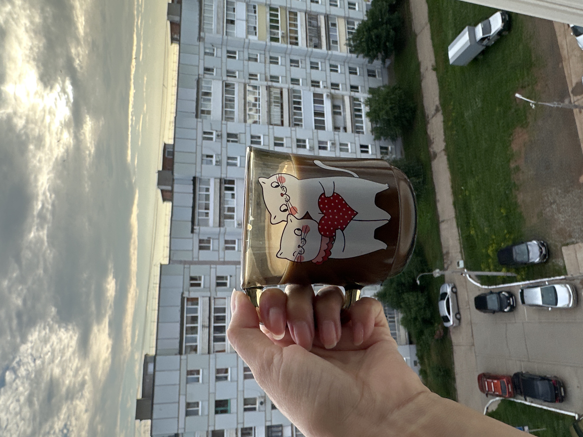 A hand holds a clear mug with a brown liquid and a cartoon image of two cats embracing a red heart. The mug is held against a backdrop of a cloudy sky and a multi-story apartment building. Below the building, a courtyard with several parked cars and a small truck is visible. The image appears to be taken from a balcony or window on an upper floor in Chaikovsky, Russia.