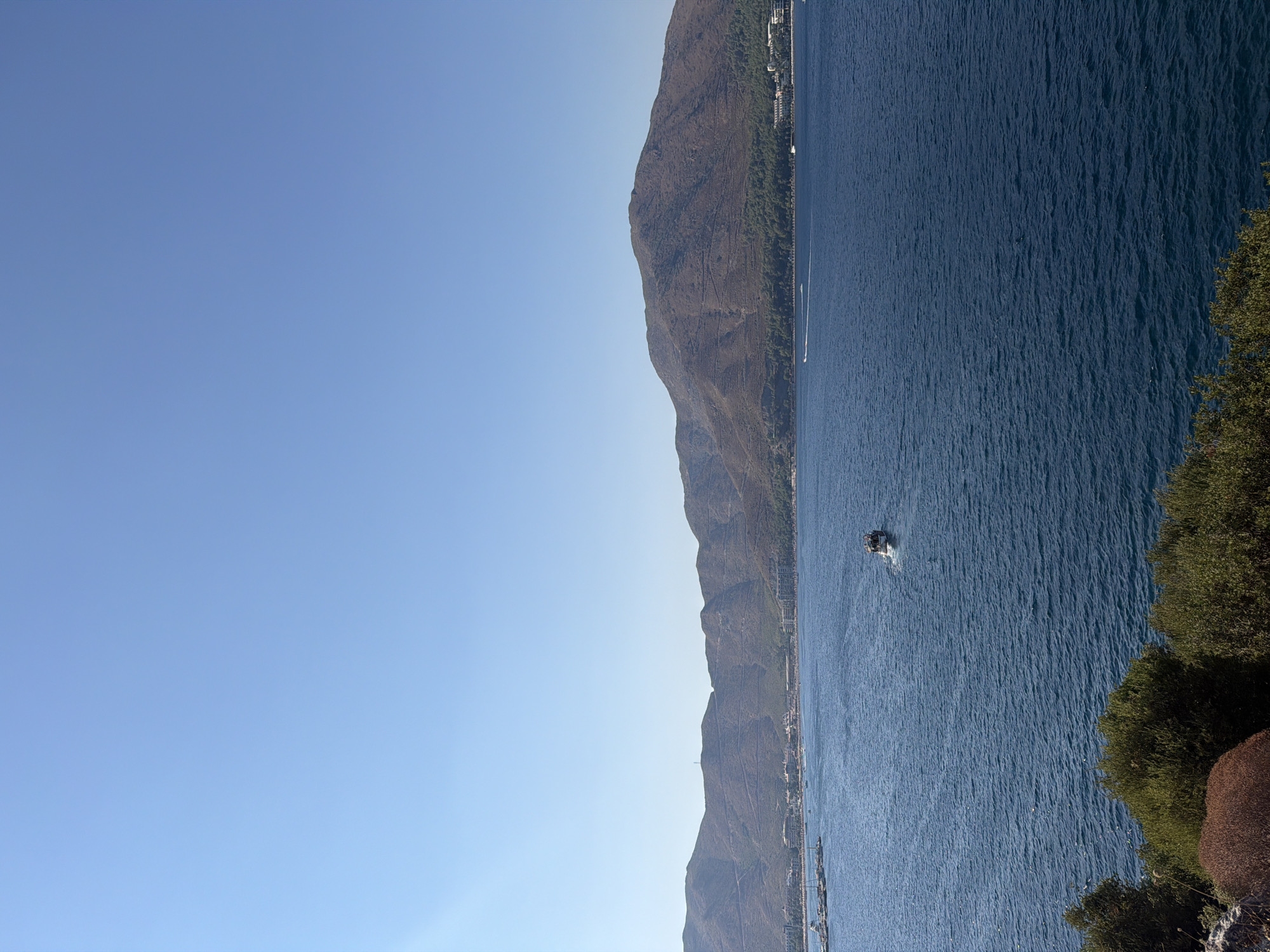 An aerial view captures the tranquil blue waters of the Aegean Sea off the coast of Marmaris, Turkey. The sea is dotted with several boats, including a small white one actively cruising in the mid-ground and a cluster of sailboats anchored near a harbor on the left. The shoreline is lined with a dense green forest that transitions into the arid, brown slopes of a prominent mountain range, which dominates the horizon. Buildings, likely hotels and residences, are visible nestled along the coastline, indicating a developed resort area. The sky is a clear, uninterrupted expanse of light blue. The foreground features dense, dark green foliage and some dry, reddish-brown bushes, suggesting a rocky, elevated viewpoint.