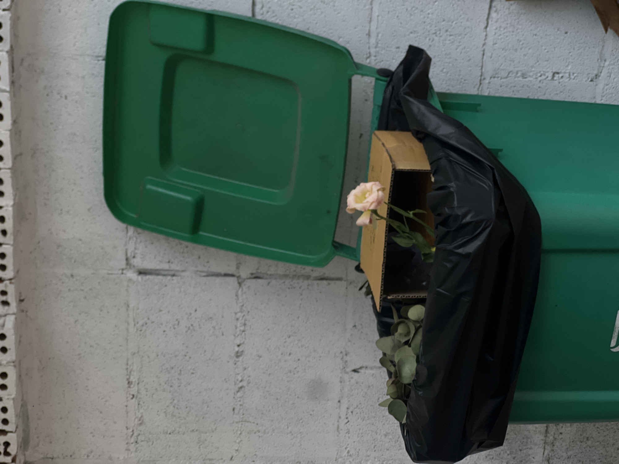 A green trash bin is open with a green lid leaning to the left. A black trash bag is stuffed into the bin, and a brown cardboard box containing a single light pink rose and some eucalyptus leaves is positioned inside the bin as well. The bin sits against a textured white block wall. The image appears to be taken outside, in an environment potentially located in the Phuket City Municipality, Thailand.