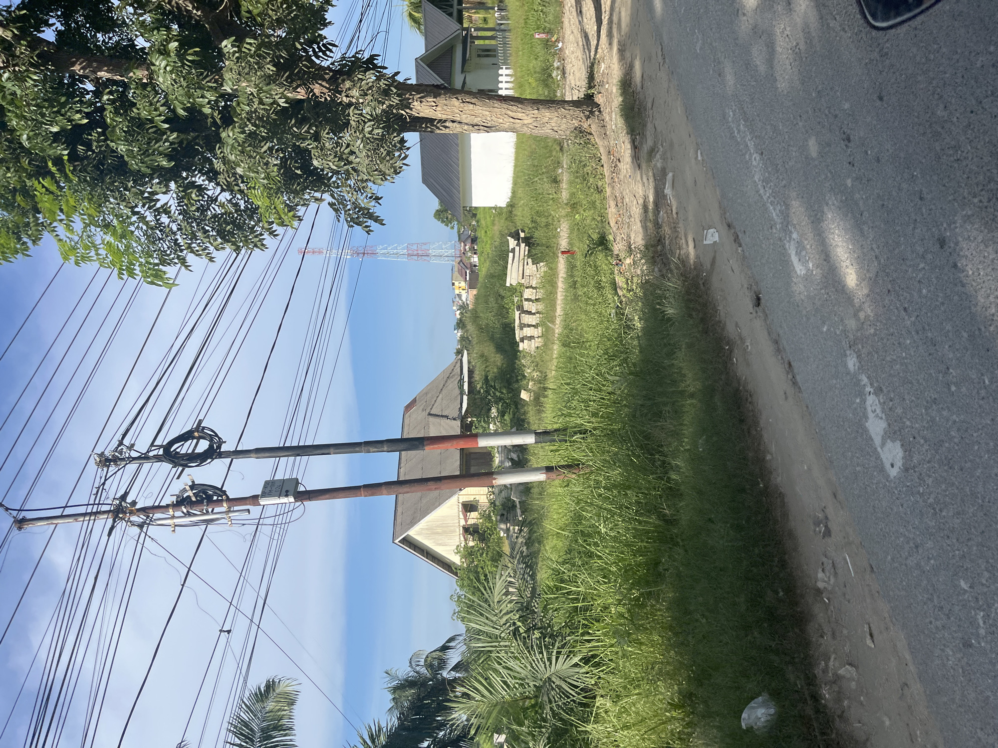 This image depicts a street scene in Tanahterban, Indonesia, characterized by a rural or semi-rural environment. The foreground shows a paved road with a sandy shoulder. On the left side of the road, tall green grass and palm fronds are visible. Two utility poles with numerous power lines are prominent in the mid-ground, along with a single mature tree with dense green foliage. Behind the utility poles and to the left, a light-colored house with a gray roof and a triangular facade is situated amidst overgrown vegetation. In the distance, a red and white lattice tower is visible against a bright blue sky with scattered clouds. To the right of the tree, a small, modern white house with a dark roof and a white picket fence is present. The scene appears to be captured during daylight.