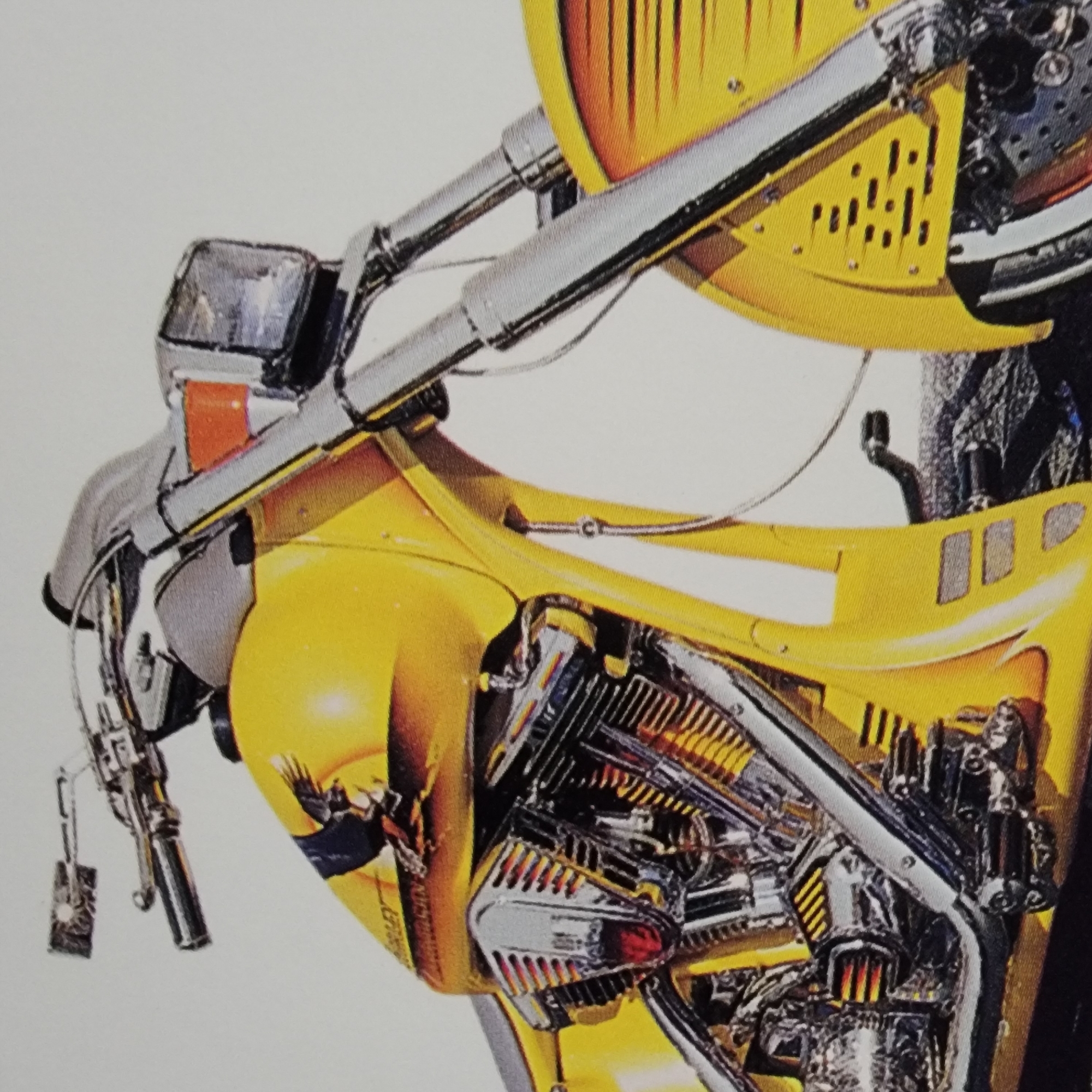 The media file is a close-up, slightly angled, eye-level shot of a custom motorcycle, predominantly yellow with chrome accents and black detailing. The motorcycle appears to be stationary.
The visible subjects are parts of the motorcycle, including the front fairing, handlebars, part of the engine, and a portion of the front wheel. The engine is highly detailed, showcasing its internal components and intricate chrome work, with visible fins and cylinders. The yellow bodywork has a flame graphic on the side, predominantly in black and yellow. There are also some metallic gratings and decorative elements on the yellow fairing.
The image is well-lit, suggesting it might be taken in a studio or under controlled lighting conditions, as there are no shadows indicative of a specific time of day or natural outdoor lighting. There are no people or other environmental elements visible to provide further context about the scene or location.
Visible text is limited. There appears to be some lettering on the yellow bodywork, but it is too obscured and small to be legible. A small, dark rectangular tag is visible hanging from a part of the motorcycle near the bottom left.