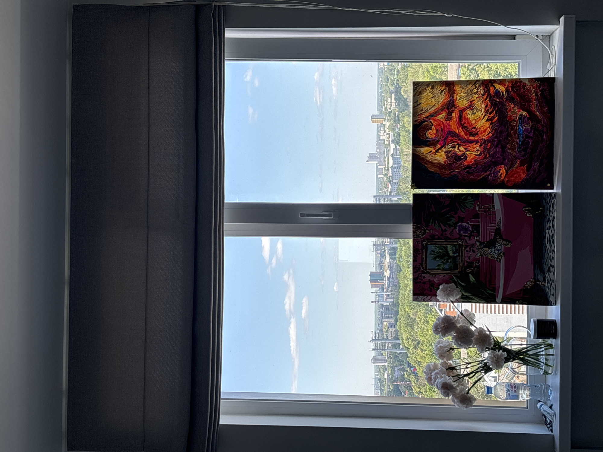 The image captures an interior view of a room looking out a window onto the city of Nizhny Novgorod, Russia. A dark grey Roman blind is partially lowered, obscuring the top third of the white-framed window. Through the clear windowpanes, a bright blue sky with sparse white cumulus clouds is visible above a sprawling urban landscape. The city features a mix of multi-story buildings and structures, interspersed with extensive green tree coverage.
The white windowsill below the window holds several items. From left to right: a small white tube, a small dark object, and a clear plastic bottle labeled "СВЯТОЙ ИСТОЧНИК" (Svyatoy Istochnik). Next to the bottle is a clear glass pitcher-style vase containing approximately 10-12 white carnations or similar ruffled flowers with visible green stems. To the right of the vase is a black cylindrical container with a dark lid. Leaning against the window are two rectangular artworks. The left artwork depicts a vibrant pink interior scene featuring a cheetah or leopard reclining in a pink clawfoot bathtub, against a backdrop of detailed floral wallpaper and a framed picture. The right artwork is an abstract composition characterized by swirling reds, oranges, and yellows, with deeper purplish-blue tones at the bottom, suggesting a fiery or energetic pattern. A white cable runs vertically down the right side of the window frame and onto the windowsill. The area above the window and directly in front of the window shade is in shadow, contrasting with the bright outdoor light.
