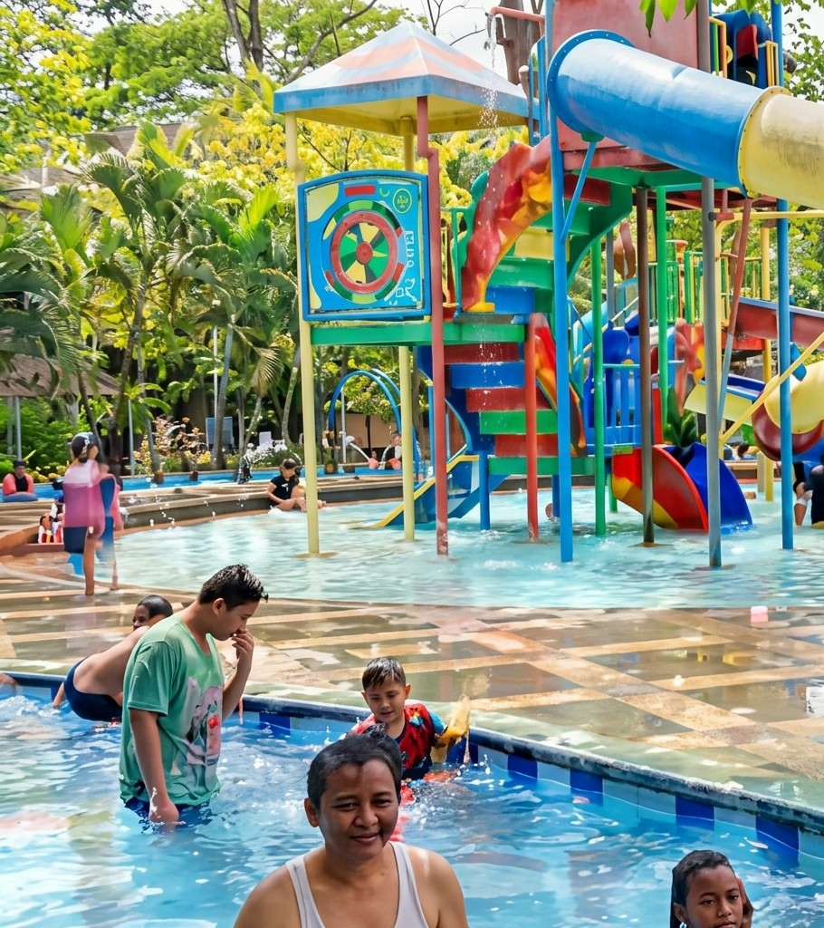 The image depicts a water park scene in Durin Simbelang, Indonesia. In the foreground, several people are standing in the water. One adult is smiling at the camera while others, including children, are partially submerged and playing. In the background, a colorful water play structure features slides and platforms. Trees surround the water park, contributing to a lush, tropical environment. Other individuals are visible in the background, both in and out of the water.