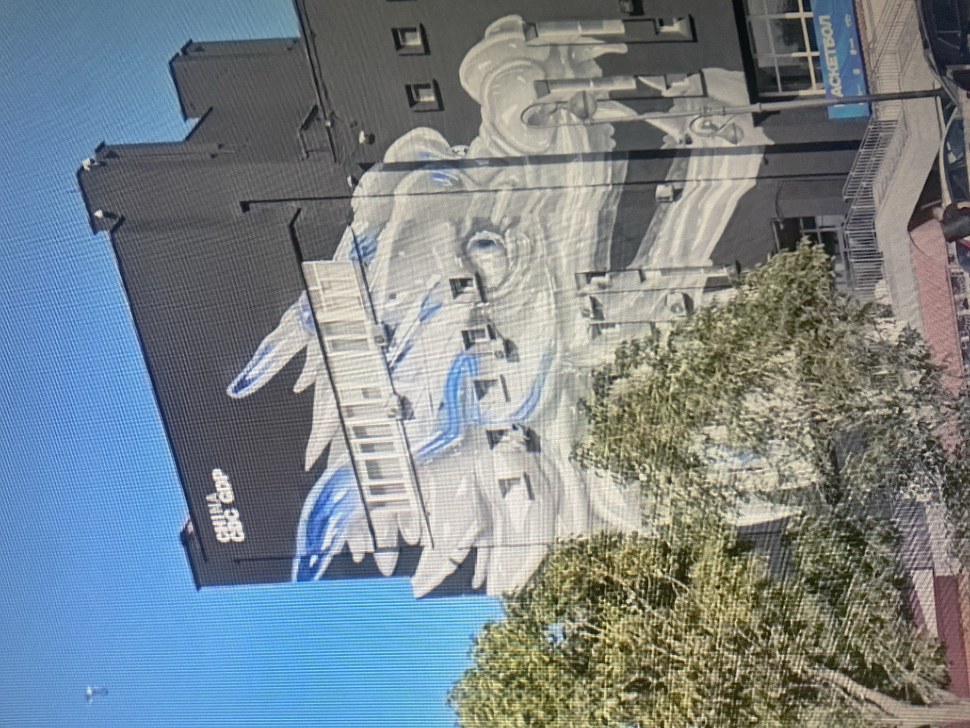The image shows a mural on the side of a building. The mural depicts a dragon's head, rendered in shades of white, grey, and blue. The dragon's eye is prominent and detailed. Above the dragon's head, the words "CHINA GDC GDP" are written in white letters against the dark background of the building. There are several windows and air conditioning units visible on the building, integrated into the mural. In the foreground, trees with green foliage partially obscure the lower part of the building and the mural. The sky is clear and blue. In the lower right corner of the image, a blue sign with white Cyrillic lettering is partially visible, reading "АСКЕТБОЛ" (which translates to "Basketball"). The overall scene is an urban setting with a large-scale artwork on a building.
