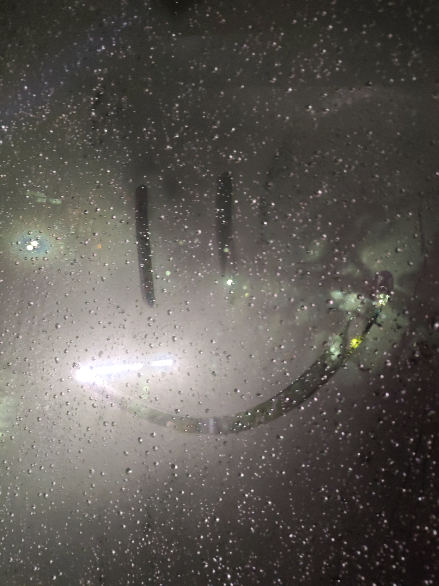 The image captures a close-up view through a pane of glass, which is heavily covered in water droplets and condensation. A distinct smiley face has been drawn onto this wet surface, with its two oval eyes and arcing mouth created by wiping away the moisture to form clear, dark lines.
The background behind the glass is dark and out of focus, suggesting it is nighttime or a very low-light environment. Several bright, blurred points of light, likely originating from streetlights or distant vehicles, are visible through the mist, particularly around the lower left and upper right of the drawn face. These lights create soft, ethereal glows that penetrate the textured surface of the droplets.
The entire frame is filled with countless water droplets, varying slightly in size, which give the image a textured and atmospheric quality. The presence of the smiley face adds a human element of playfulness or optimism to an otherwise damp and potentially somber scene. No identifiable people or specific objects are discernible in the blurry background beyond the abstract light sources. The conditions imply either rain, high humidity, or cold temperatures causing condensation on the window. The location context is Izhevsk, Russia. No visible text is present in the image.