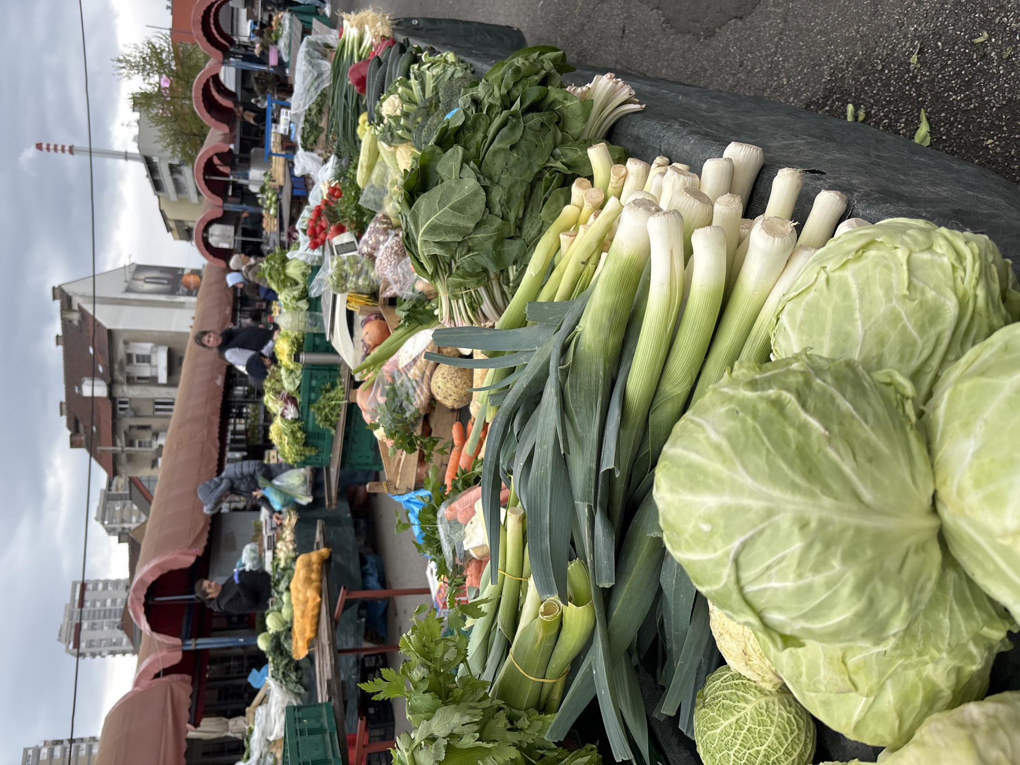 The image shows a vegetable market in the City of Zagreb, Croatia. The foreground features piles of fresh produce, including green cabbages and bundles of leeks. Various other vegetables like cauliflower, leafy greens and celery are arranged behind these prominent items. The market stalls are covered with dark green tarpaulin. People are shopping in the background, amidst the red-roofed market stalls. Buildings are visible beyond the market, under an overcast sky.