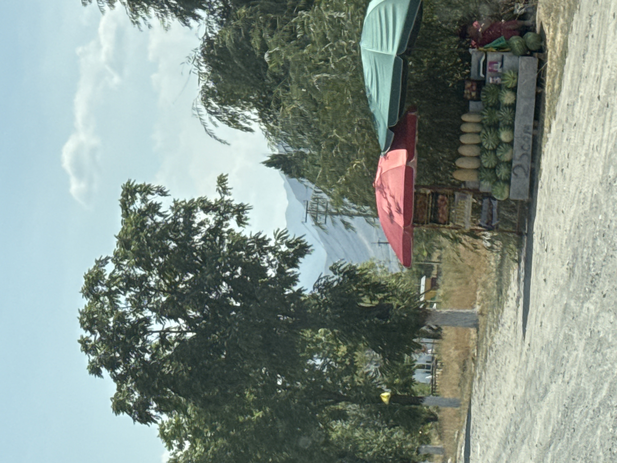 A roadside fruit stand is set up near a dirt road in Tash-Moinok, Kyrgyzstan. The stand is covered by a red and a green umbrella. Various fruits, including watermelons and what appear to be bananas, are displayed for sale on wooden shelves. A woman in a red garment is seated behind the fruit stand. The background features lush green trees and distant mountains under a light blue sky with scattered clouds. The ground is a mix of dirt and gravel.