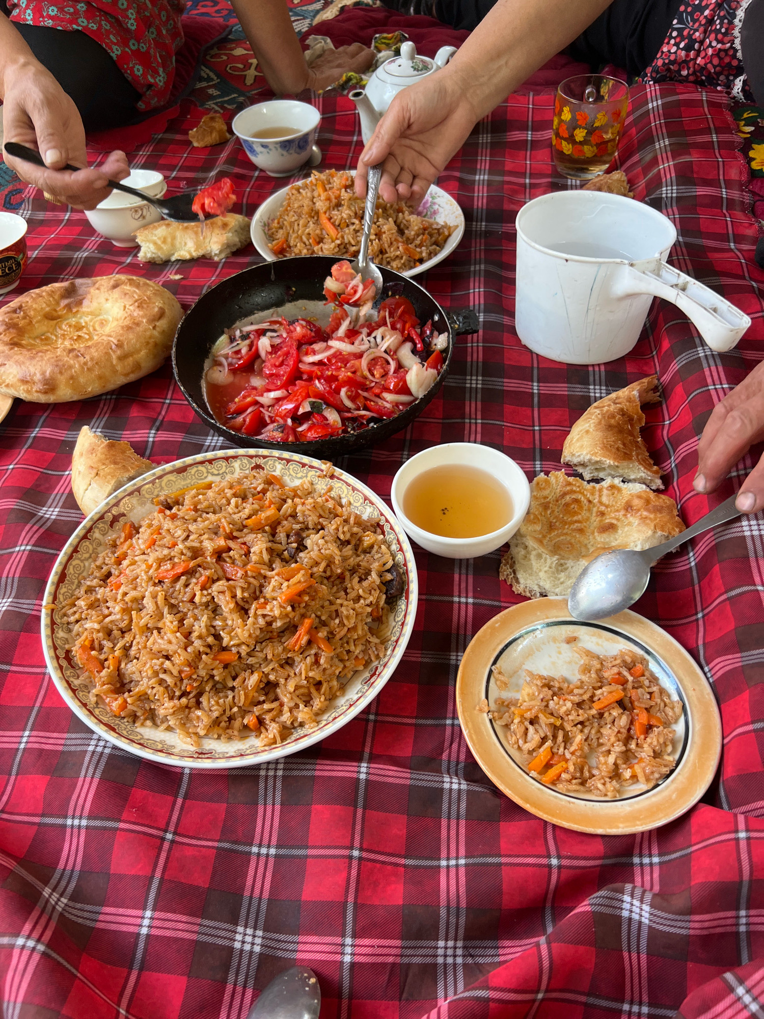 A group of people are gathered around a red and black plaid cloth laid on the ground, sharing a meal. The meal consists of a large platter of pilaf, a pan of chopped tomatoes and onions, several pieces of flatbread, and bowls of tea. One person is using a spoon to serve food from the pan. Another person's hand is visible reaching for food. The setting appears to be outdoors, with hints of a carpet or rug beneath the plaid cloth. The overall scene suggests a casual, communal dining experience. It is likely the city of Özgön, Kyrgyzstan, given the cultural context of such a meal.