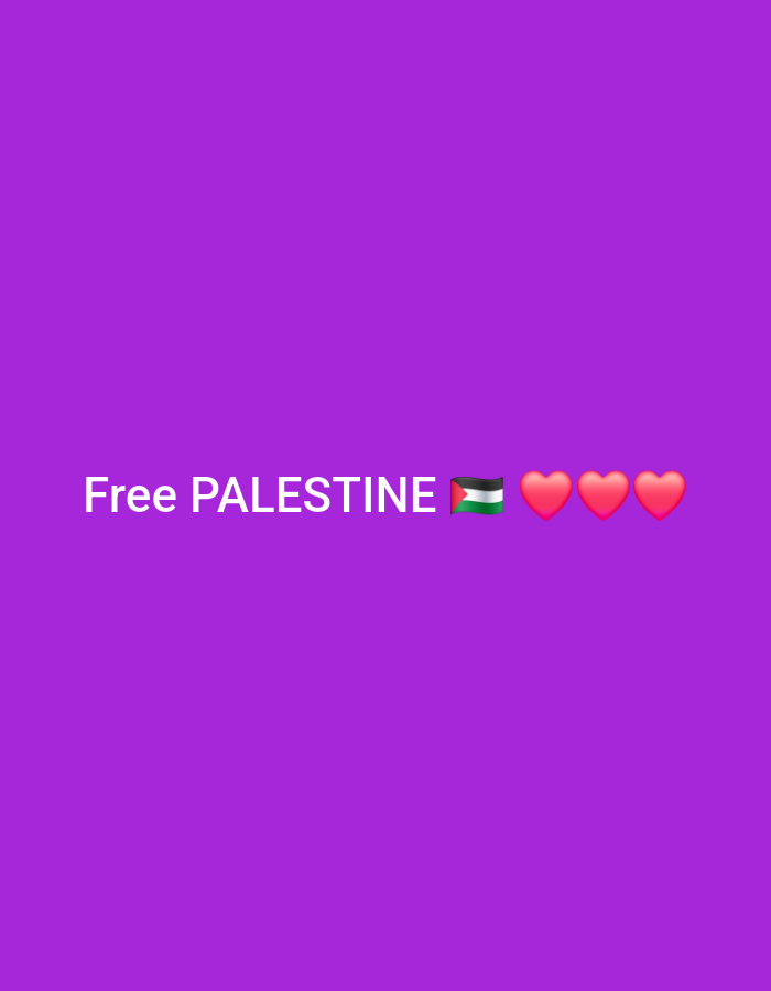 The image displays a static digital graphic set against a uniform purple background. Centrally positioned, white uppercase text spells "Free PALESTINE". Immediately following the word "PALESTINE", there is a digital emoji representing the flag of Palestine, succeeded by three distinct red heart emojis arranged horizontally. No physical environment, individuals, or actions are depicted within the graphic itself. This digital content is contextually situated within the city of Pleven, Bulgaria.