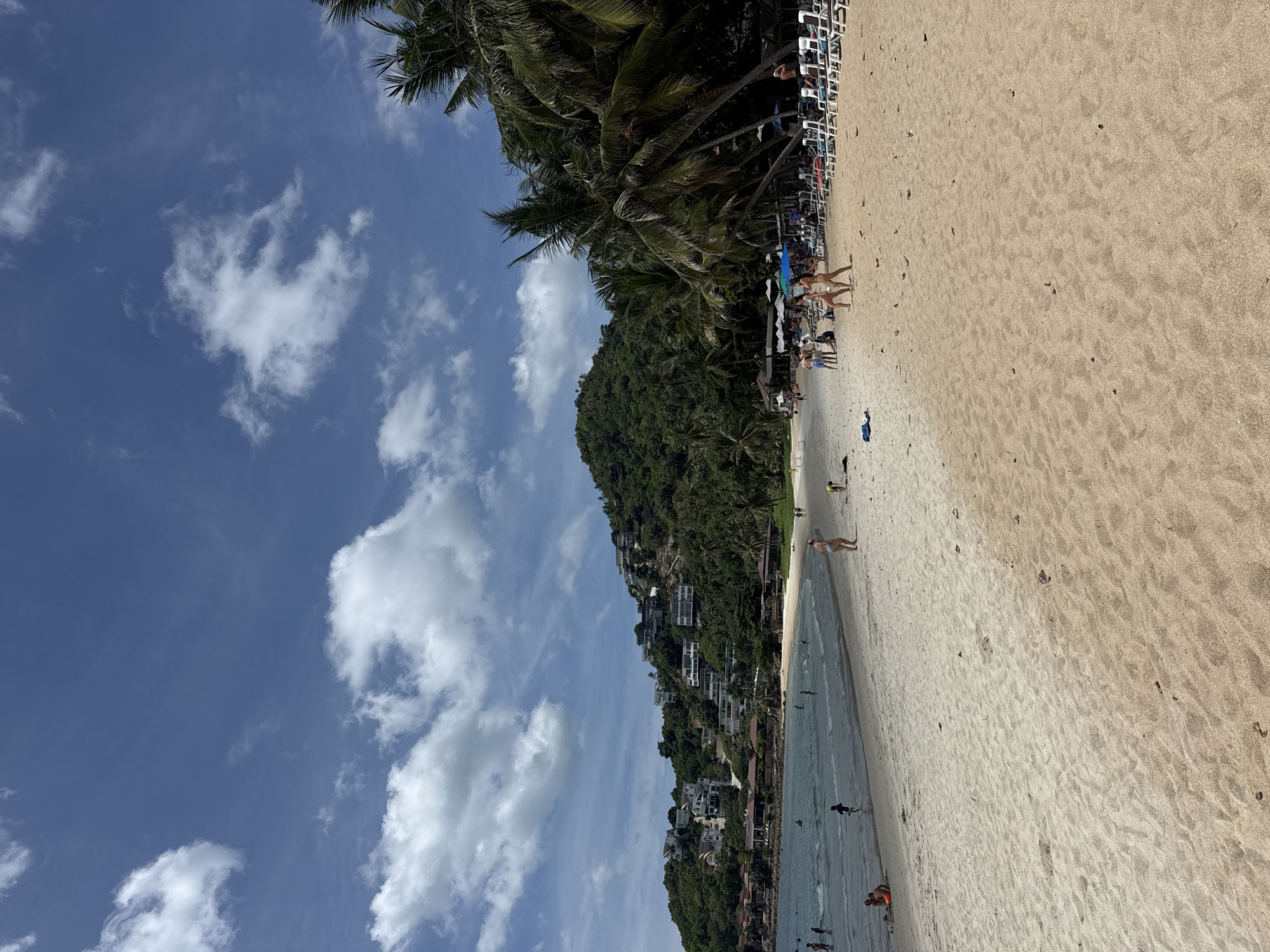 A panoramic, eye-level, outdoor, daylight shot captures a tropical beach scene on Ko Samui District, Thailand, under a bright blue sky with scattered white clouds. The foreground is dominated by a wide expanse of light brown sand, showing some texture from footprints and scattered debris. A line of empty white beach chairs with blue umbrellas is set up further back, suggesting a developed resort area.
To the left, the turquoise ocean gently laps onto the shore. The water is populated with several individuals, some wading, others swimming or playing. Along the shoreline, a few more people are present, including a woman in a bikini walking on the sand. In the mid-ground, a lush, green hillside rises steeply, covered in dense tropical vegetation and dotted with numerous white, modern-style buildings, indicating a densely populated residential or hotel area on the slope. Palm trees, with their characteristic fronds, line the edge of the beach and extend up the hillside, framing the view. The overall impression is one of a popular tourist destination on a sunny day.