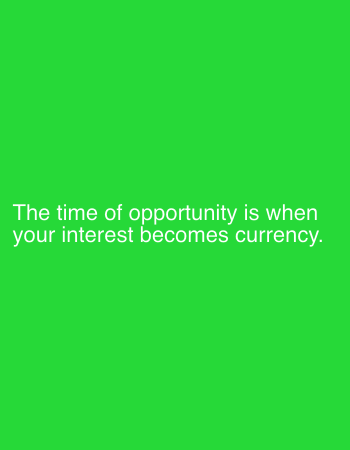 The image is a green background with the text "The time of opportunity is when your interest becomes currency." The location in the city of Шебунино, Russia is not depicted in the image.