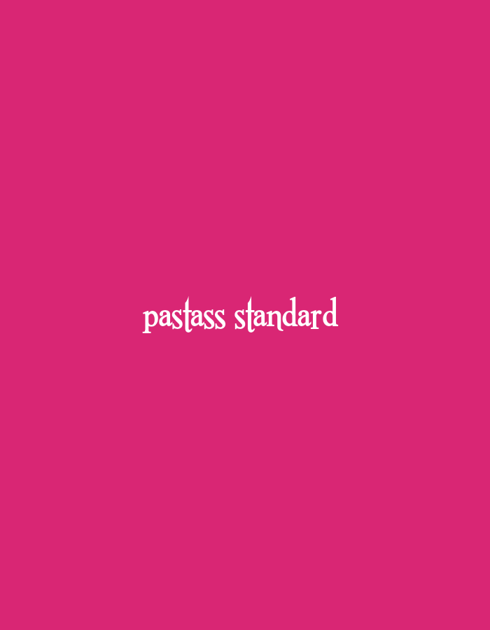 The image shows the text "pastass standard" written in white in a decorative font against a solid pink background. There are no people, objects, or environmental features present other than the text and the background.