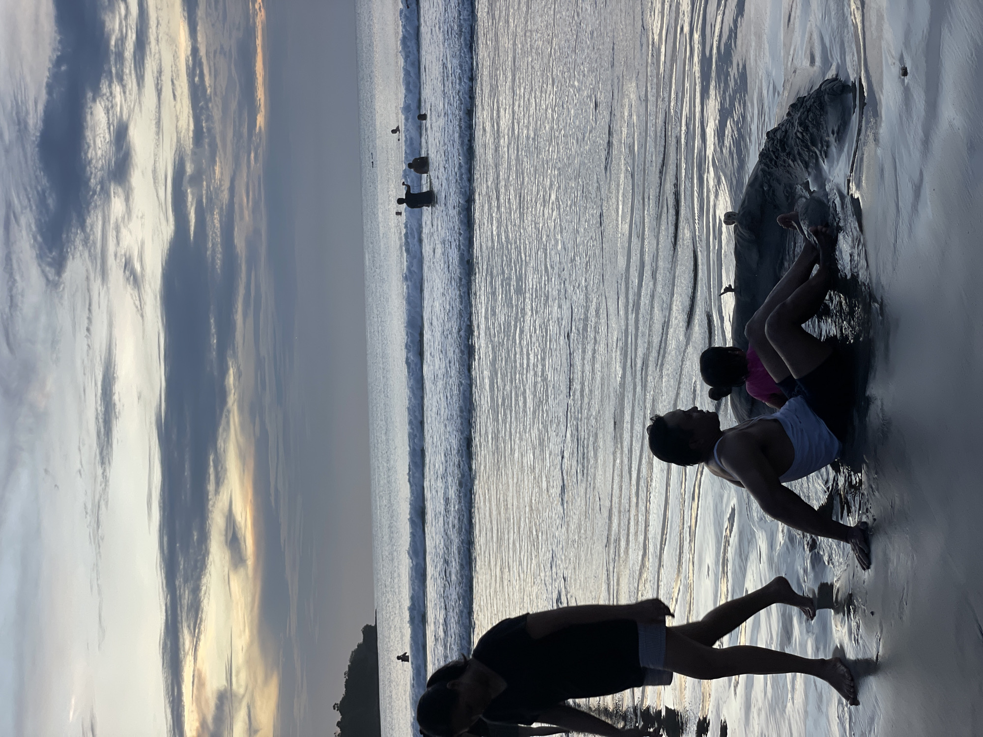 This image captures a tranquil beach scene during late afternoon or early evening, likely at sunset, in Kuta Selatan, Indonesia. The sky, filled with long, wispy clouds, dominates the upper part of the frame, displaying gradients of grey and blue, with warm golden light emanating from the horizon on the right.
In the foreground, several people are visible on the sandy shore, mostly as dark silhouettes against the glistening wet sand and reflective ocean water. One individual, wearing a white tank top and dark shorts, is seen in profile, leaning forward with hands on the sand, observing the sea. Partially visible to their left is another person. To the right, near a detailed sand sculpture resembling an animal or mythical creature, a person, possibly a child, is sitting or lying down.
The midground features the ocean with gentle waves. Several people are wading or standing in the shallow water, also appearing as dark silhouettes. The water's surface reflects the ambient light, creating a shimmering texture. In the background, the expansive ocean stretches to the horizon, where a distant landmass or island is faintly visible on the far left.
The scene conveys a sense of peace and leisure, with individuals enjoying the natural beauty of the beach as the day concludes. The lighting highlights the dramatic cloudscape and silhouettes of the people, creating a serene and picturesque atmosphere. No text is visible in the image.