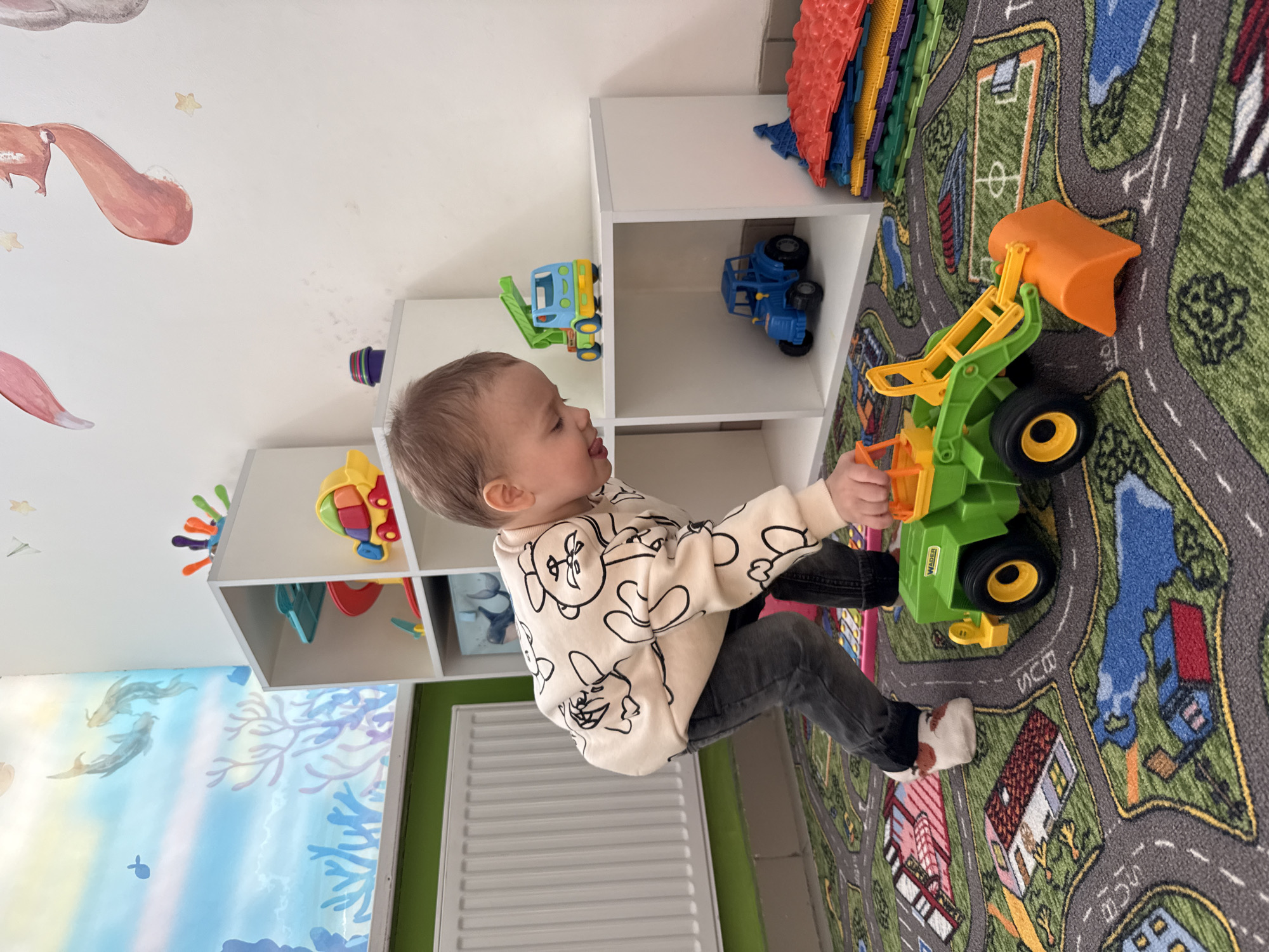 A child is playing with a toy excavator on a rug designed to look like a road map with buildings and other street features. The child is wearing a light-colored sweater with cartoon-like drawings, dark pants, and socks with a brown and white pattern. The child is holding the toy excavator with their left hand, and their right hand appears to be interacting with the toy. A white radiator is to the left of the child. In the background, there are white shelves with various toys and artwork on the walls.
I cannot confirm the location to be Rusanovo, Russia, without further information or verification.