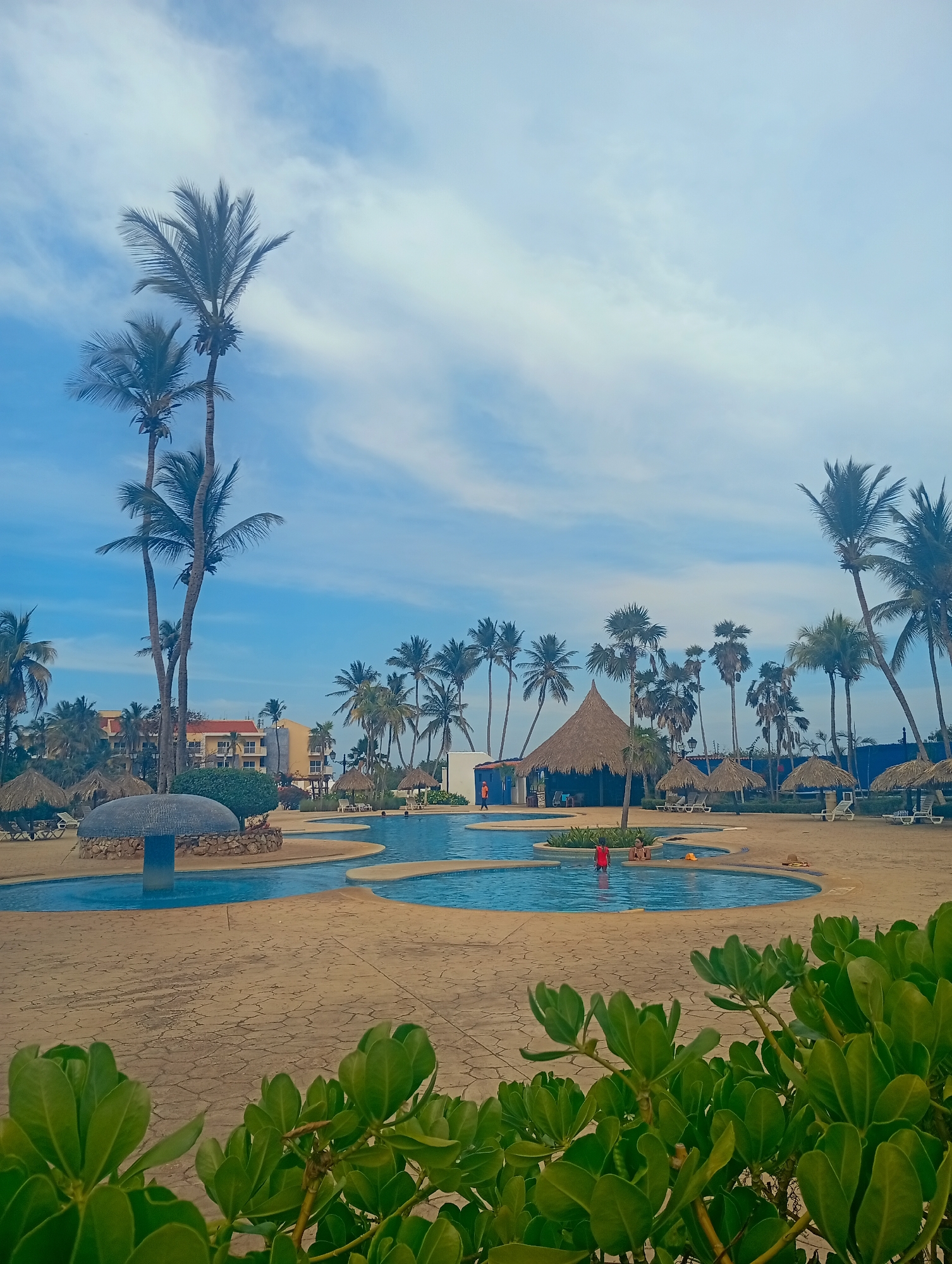 The image depicts a swimming pool area at a resort in Playa El Agua, Venezuela. The pool is composed of multiple interconnected circular sections. A thatched-roof bar stands near the pool. Several palm trees surround the area, with a few sun loungers with thatched umbrellas around the pool. Green leafy bushes are in the foreground. In the background, a multi-story building can be seen. The sky is pale blue with scattered white clouds. People are visible in and around the pool.