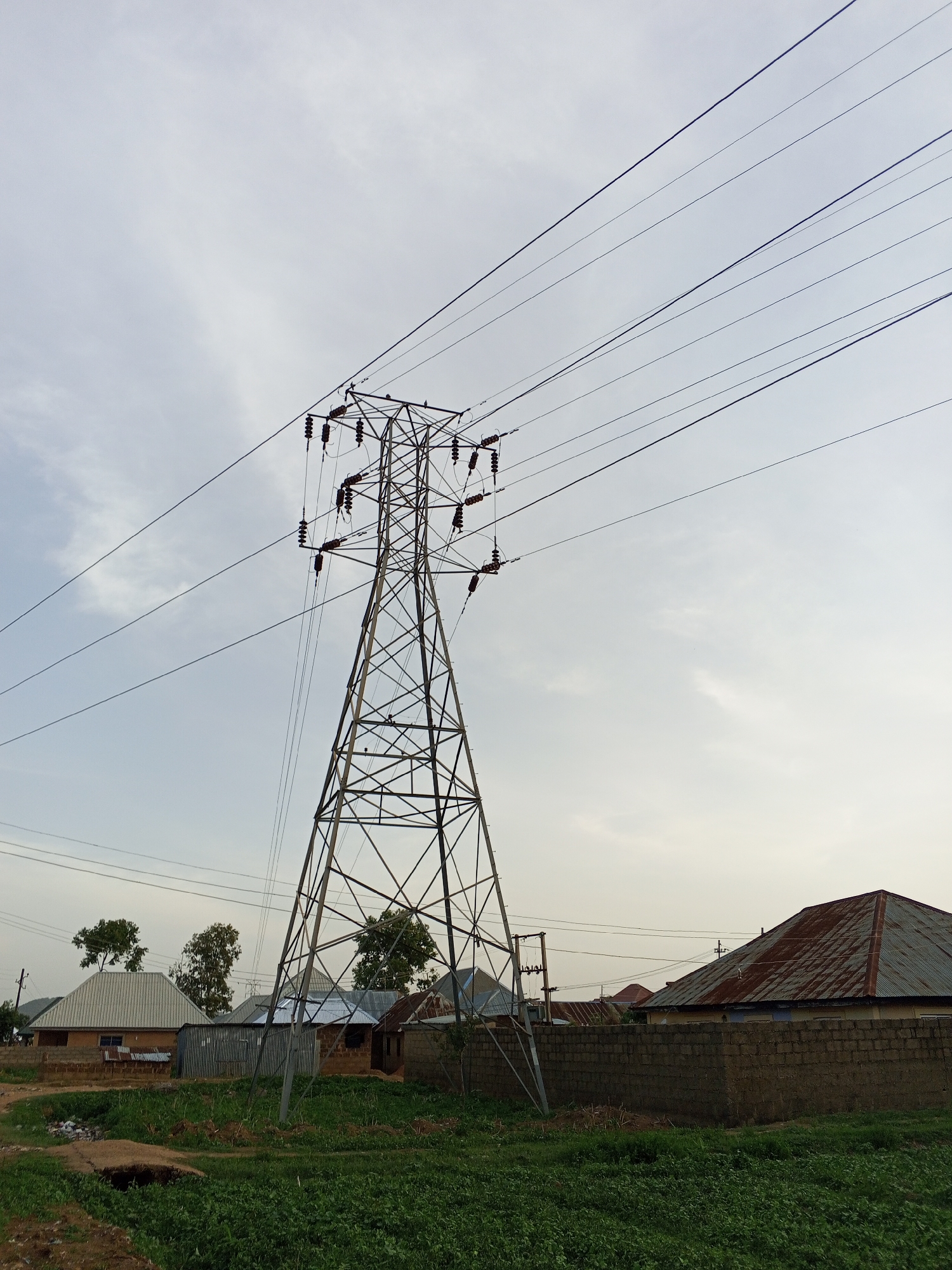 A low-angle, eye-level photograph shows a large metal electricity pylon dominating a grassy area with a residential scene in Bukuru, Nigeria. The pylon, constructed of a lattice of steel beams, supports high-voltage power lines stretching across the frame against a pale, overcast sky. Several lines of insulators hang from the pylon.
In the background, a cluster of houses with corrugated metal roofs and brick or mud-brick walls create a low skyline. Some houses are partially obscured by a low brick wall. Green vegetation covers the foreground. The overall lighting suggests late afternoon or early morning. No people are visible.