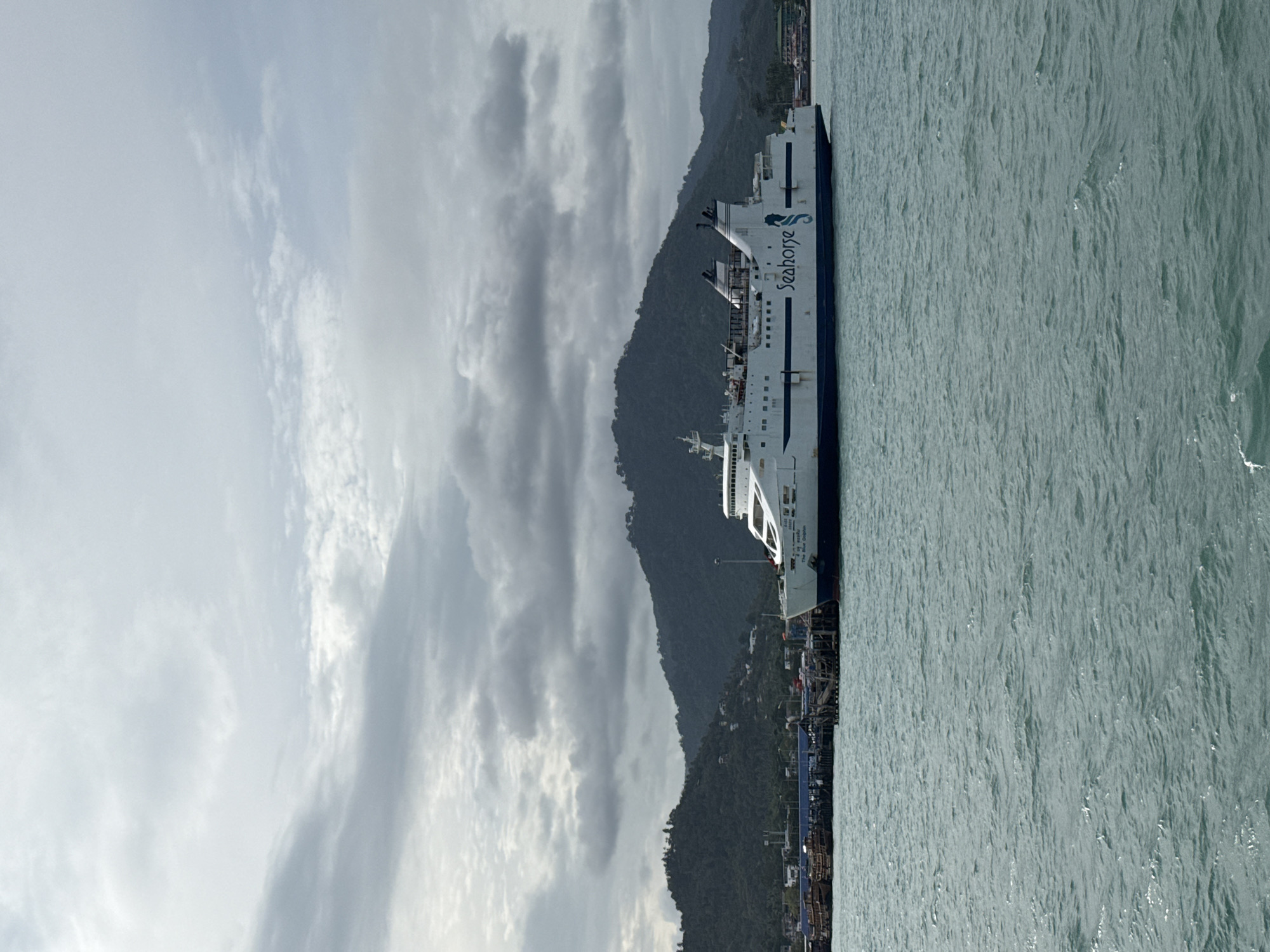 A large white ferry named "Seahorse" is docked at a pier in Ko Samui District, Thailand. The ferry is on the right side of the image, with its bow facing towards the right. The ferry has blue trim and a blue seahorse logo on its side, with the name "Seahorse" written in blue. In the background, there are lush green hills covered in trees. The sky is overcast with gray clouds. The water in the foreground is choppy and a deep blue-green color. There are several smaller boats and piers visible to the left of the ferry, as well as some buildings on the shore.