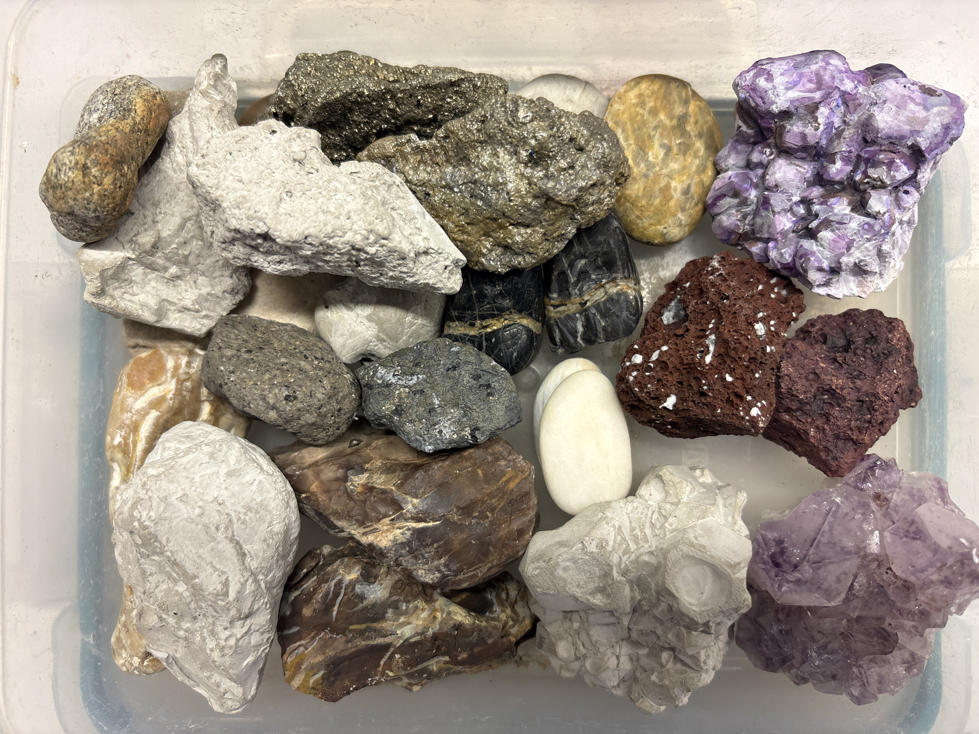 A top-down shot shows a collection of assorted rocks in a clear plastic container. The rocks vary in color, size, and texture. Some are smooth and rounded, while others are rough and angular. Colors range from light gray and white to dark brown, red, and purple. Some rocks have a metallic sheen. The container appears to be resting on a flat, light-colored surface. There are no people or other objects visible in the scene. The location is unspecified and has no relevance.