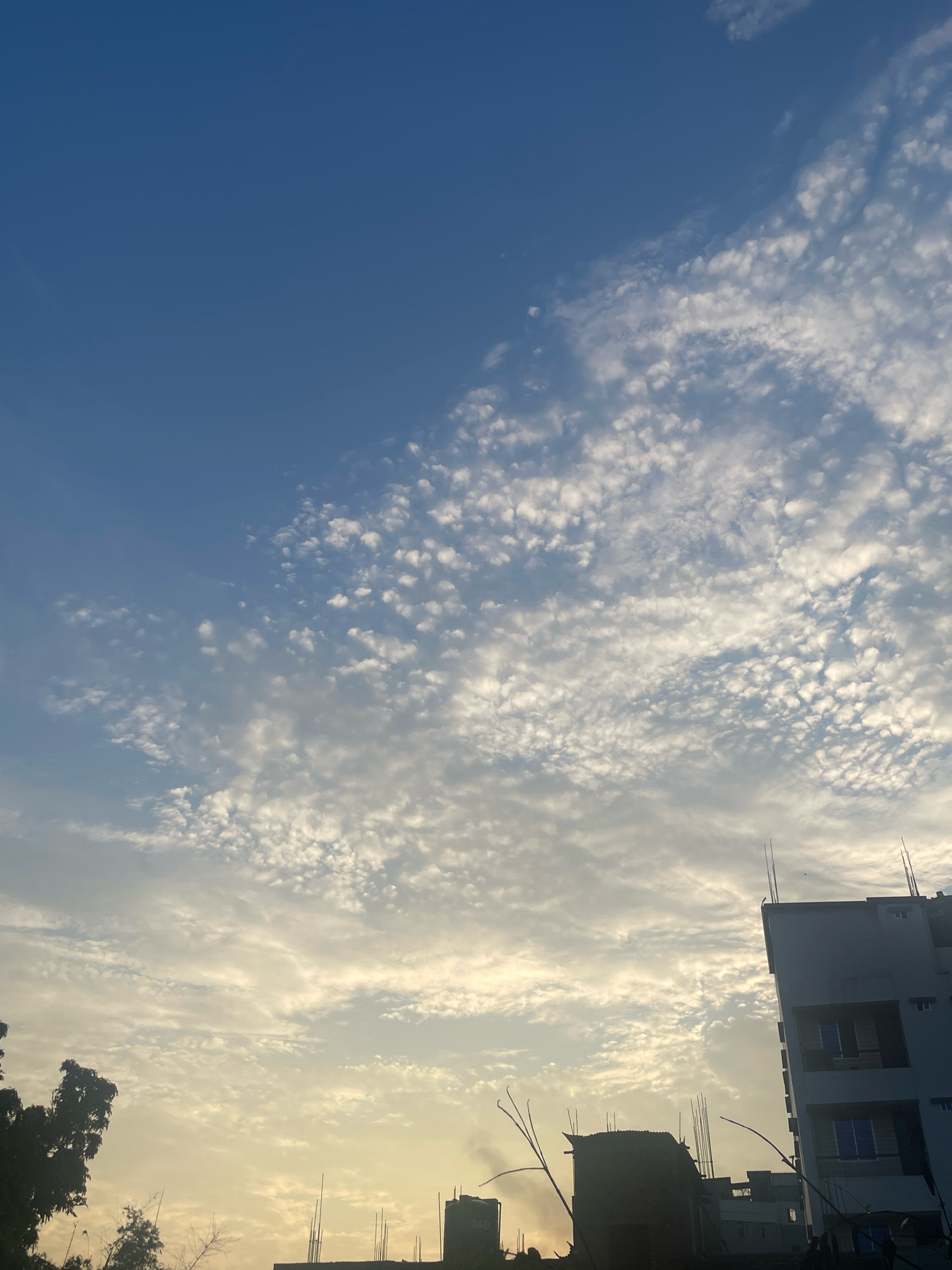 The image shows a view of the sky over Dattapata, Bangladesh, with a blend of blue sky and scattered white clouds. The clouds are thin and wispy in some areas, appearing as scattered patterns across the upper portion of the frame, and denser and more striated towards the horizon. The lower part of the image features silhouettes of urban structures. On the right, a multi-story building with visible windows and a water tank on its roof stands prominently. To the left of this building, other structures, some appearing unfinished with exposed rebar, are visible. Silhouetted trees with sparse foliage are also present on the far left, contributing to the urban landscape. The lighting suggests it might be sunrise or sunset, with a warm, diffused light casting a yellowish hue near the horizon. No people are visible in the image.