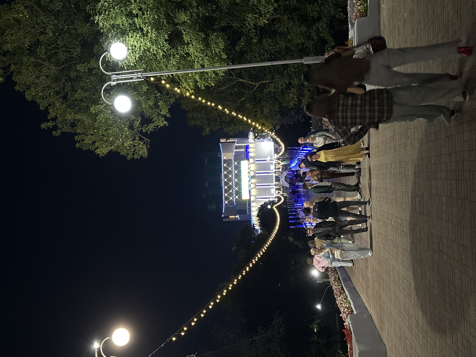 The image depicts a nighttime scene on a paved walkway lined with flowerbeds. A group of people are walking on the walkway, illuminated by decorative string lights and streetlights. In the background, a building with illuminated windows is visible. The overall atmosphere is festive and lively. The location is identified as the "Pedestrian Bridge across the Western Dvina River" in Vitsebsk, Belarus.