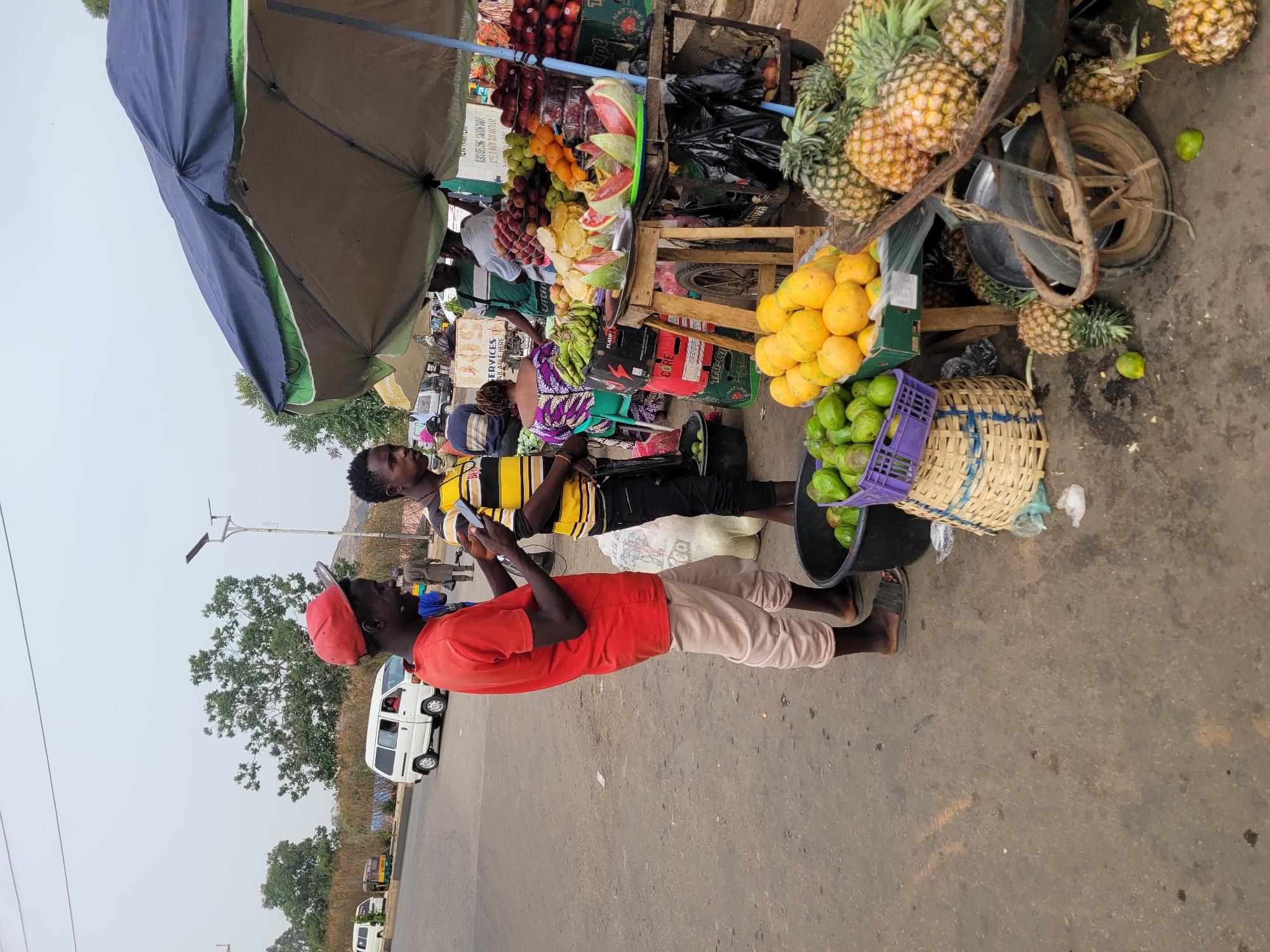 This image depicts a vibrant outdoor fruit stall situated on a paved roadside in Jos, Nigeria, under an overcast sky. The main subjects are two men standing in the foreground and a variety of fruits displayed at a market stall.
The fruit stall, positioned on the right side of the frame, is partially shaded by large dark blue and grey umbrellas. It showcases an abundant assortment of fresh produce. Pineapples are prominently stacked on a rustic, wheeled cart and in crates. Other visible fruits include bright yellow mangoes in a basket, green avocados in a purple plastic crate and a black bucket, sliced watermelon, oranges, apples, and bananas. Various crates, some bearing labels like "NATURE," "CORE," and "FLASH," support the display.
In the foreground, two men are standing on the paved road. The man closer to the viewer is wearing a red cap, a red t-shirt, and light-colored trousers, and is looking towards the left while holding a mobile phone. Behind him, another man, dressed in a yellow and black striped shirt and dark trousers, is also focused on a phone. Further behind the stall, other individuals, including one in a purple and white patterned top, are partially visible, suggesting ongoing market activity.
The setting includes a paved road with a white van and other vehicles visible in the background, along with trees and a light pole. A white sign behind the stall reads "SERVICES AVAILABLE HERE." The scene captures a typical bustling street market environment during daylight hours.