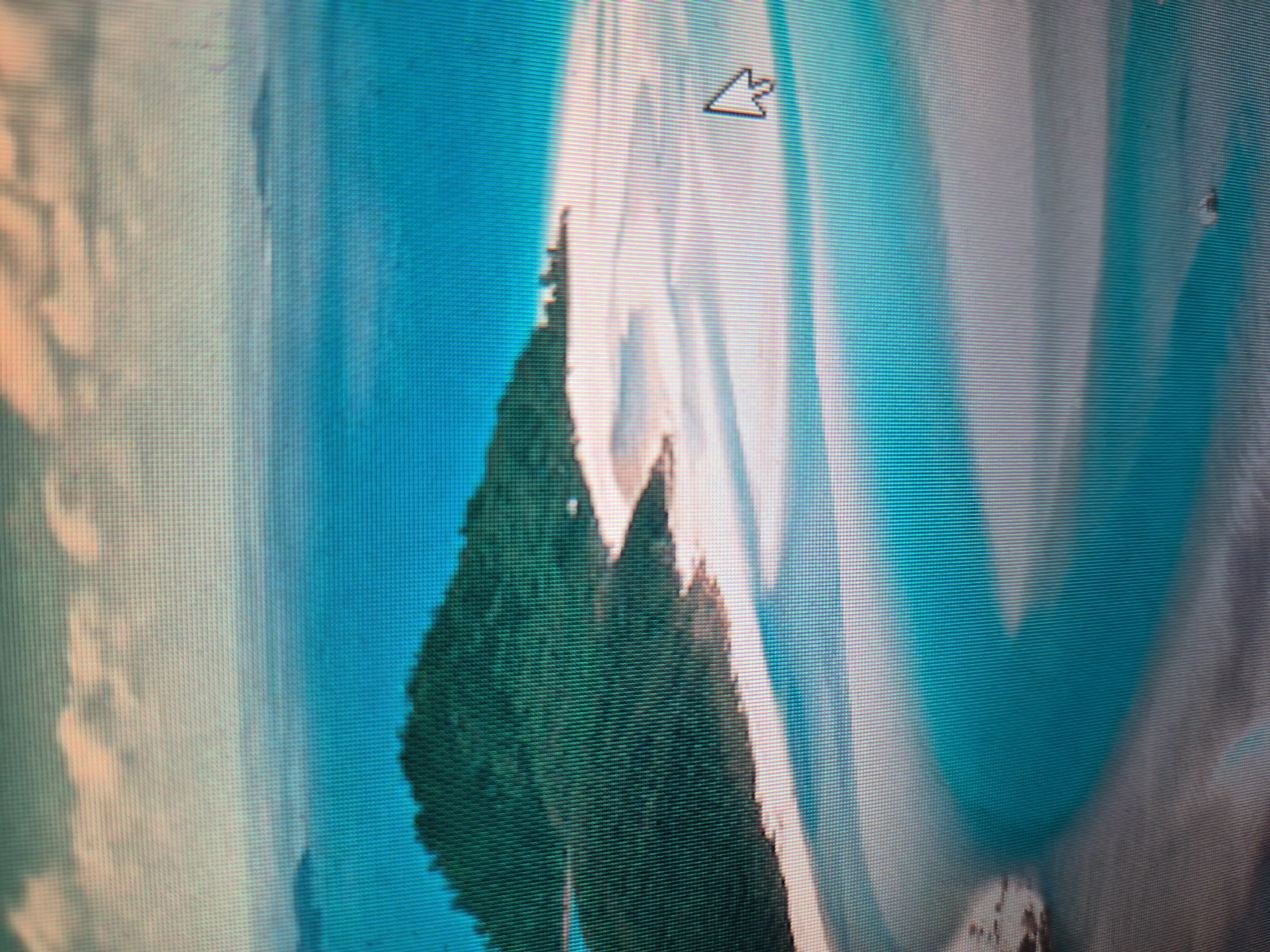 The image shows a photograph taken of a computer screen. The screen displays a landscape with a snow-capped mountain and a forest, along with a mouse cursor. The image likely isn't in Yerevan, Armenia.