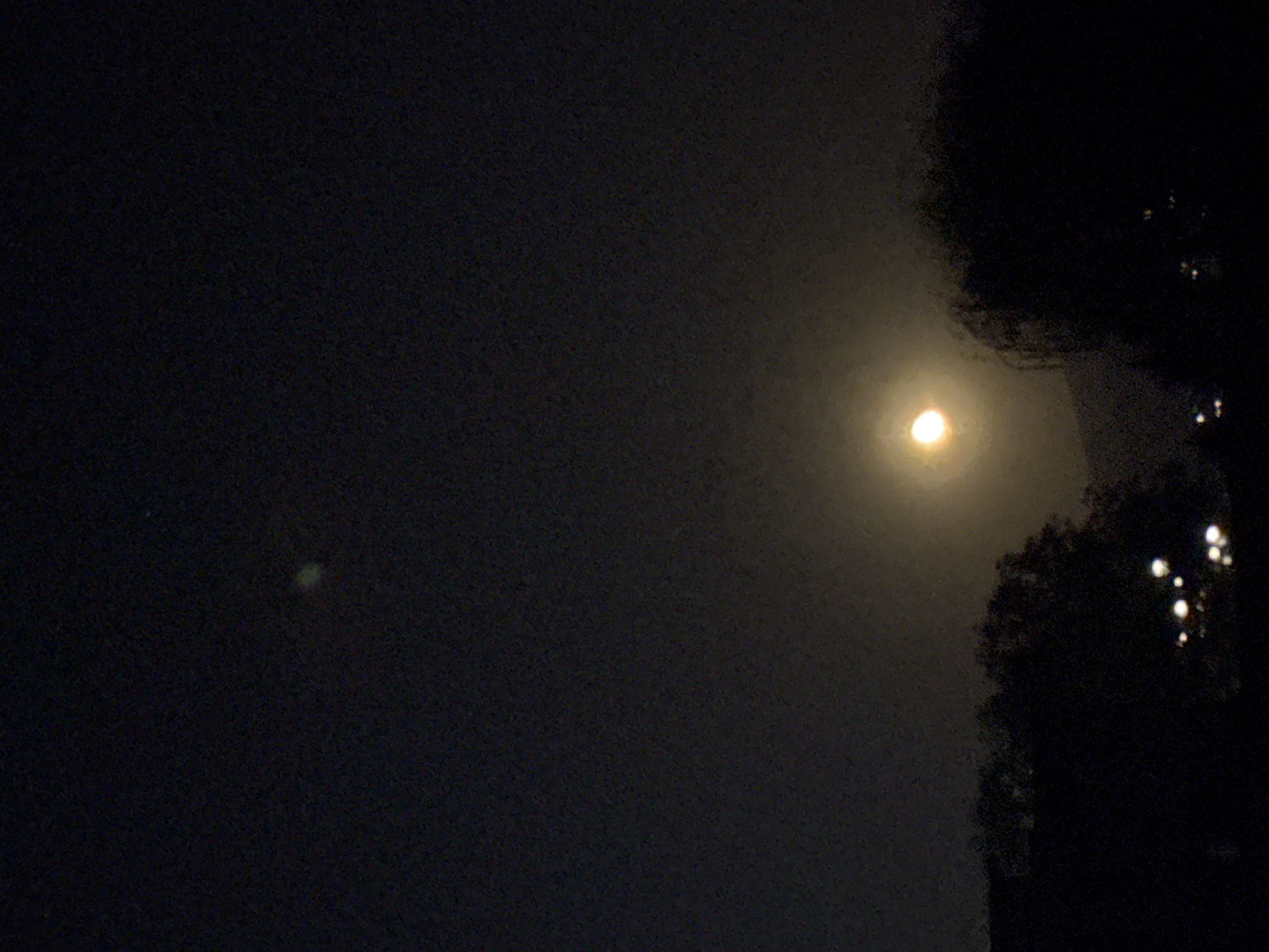 The image depicts a dark, grainy scene at night. The sky is mostly black with a faint, diffuse light source resembling the moon in the upper right quadrant. In the foreground, on the right edge, is a dark mass possibly representing trees or foliage. A faint green light is visible in the lower left. The specific location in Yoakim Gruevo, Bulgaria cannot be determined from this image.
