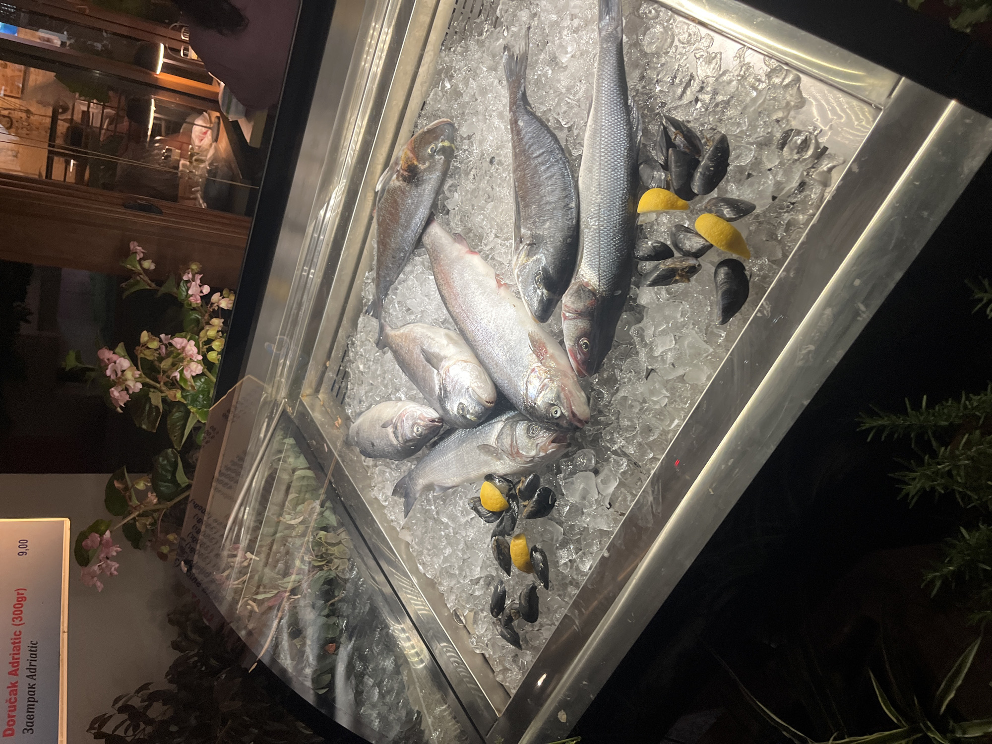The image shows a display case filled with ice, fish, mussels, and lemon wedges, likely in Budva, Montenegro. The fish are various types and sizes, appearing fresh. Mussels are scattered around, and yellow lemon wedges add a touch of color and freshness. The ice is crushed and covers the bottom of the stainless-steel display case, giving a chilled, preserved look to the contents. Next to the display case is a menu or sign indicating "Doručak Adriatic (300gr)" with a price of "9,00", suggesting that this is a breakfast dish featuring fish. The scene appears to be an outdoor dining or display area, with vegetation like flowers and herbs surrounding the display case. The lighting is a mix of natural and artificial, creating a well-lit showcase of seafood.
