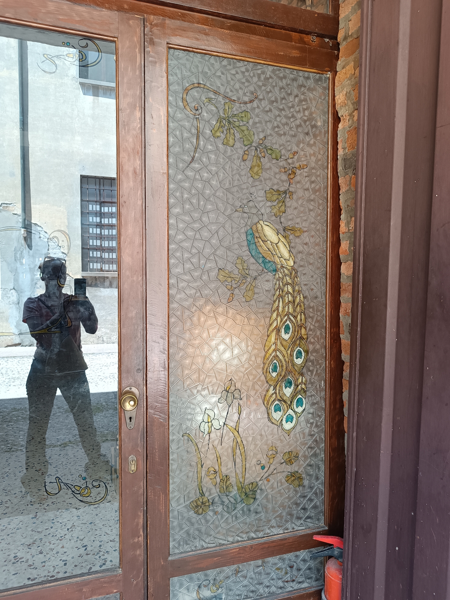 The image shows a double door, with one door being clear glass and the other being frosted glass with a peacock design. The door is set in what appears to be the city of Mezzana Sant'Antonio, Italy, evidenced by the architecture visible through the glass. A person is reflected in the clear glass door, holding a smartphone and taking a picture. A fire extinguisher is visible near the base of the door with the peacock design, which is positioned near a brick wall and a dark brown doorframe. The overall style is likely Art Nouveau or a similar artistic period.