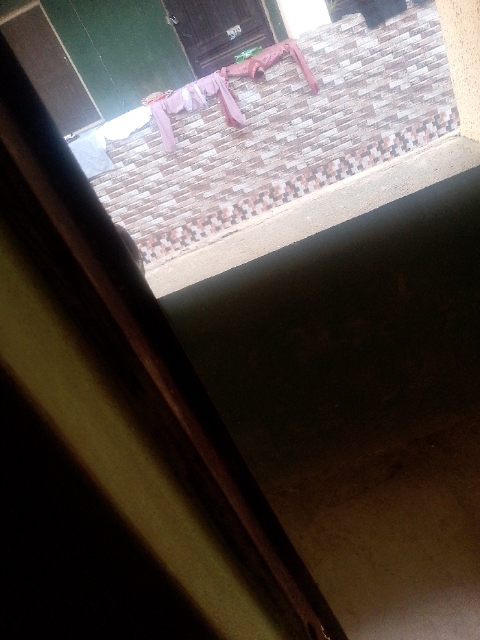 Laundry hangs on a line outside a window, against a brick and tile facade. A muted green wall is visible. The perspective is from inside, with a partially visible wooden frame in the foreground, obscuring the view. The image is dark and has poor lighting.