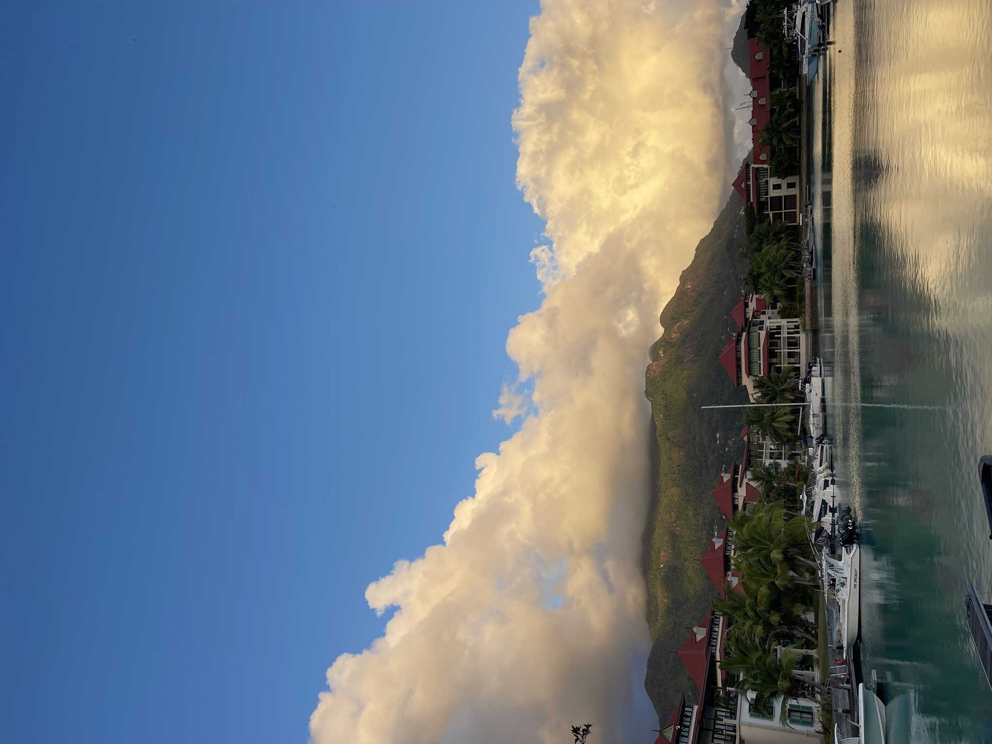 This is a wide, horizontal-oriented photograph taken from a waterfront perspective, capturing a serene harbor scene in Providence, Seychelles. The sky is a vibrant, clear blue, with a band of large, fluffy, golden-tinged clouds stretching across the upper portion of the frame, casting dramatic light and shadow on the lush green mountains in the background.
In the midground, a row of multi-story buildings with distinctive red-tiled roofs line the waterfront. These buildings appear to be part of a resort or residential complex, characterized by their white facades, balconies, and palm trees dotting the landscape. Several boats are docked along the quay in front of the buildings, including a white motorboat with "THE SPECIALITY" written on its side and a white sailboat.
The foreground is dominated by a tranquil body of water, reflecting the colors of the sky and the surrounding architecture. The water is a deep, rich turquoise, with subtle ripples creating a distorted reflection of the boats and buildings. The overall impression is one of a peaceful, picturesque tropical setting. No people are visible in the image.
