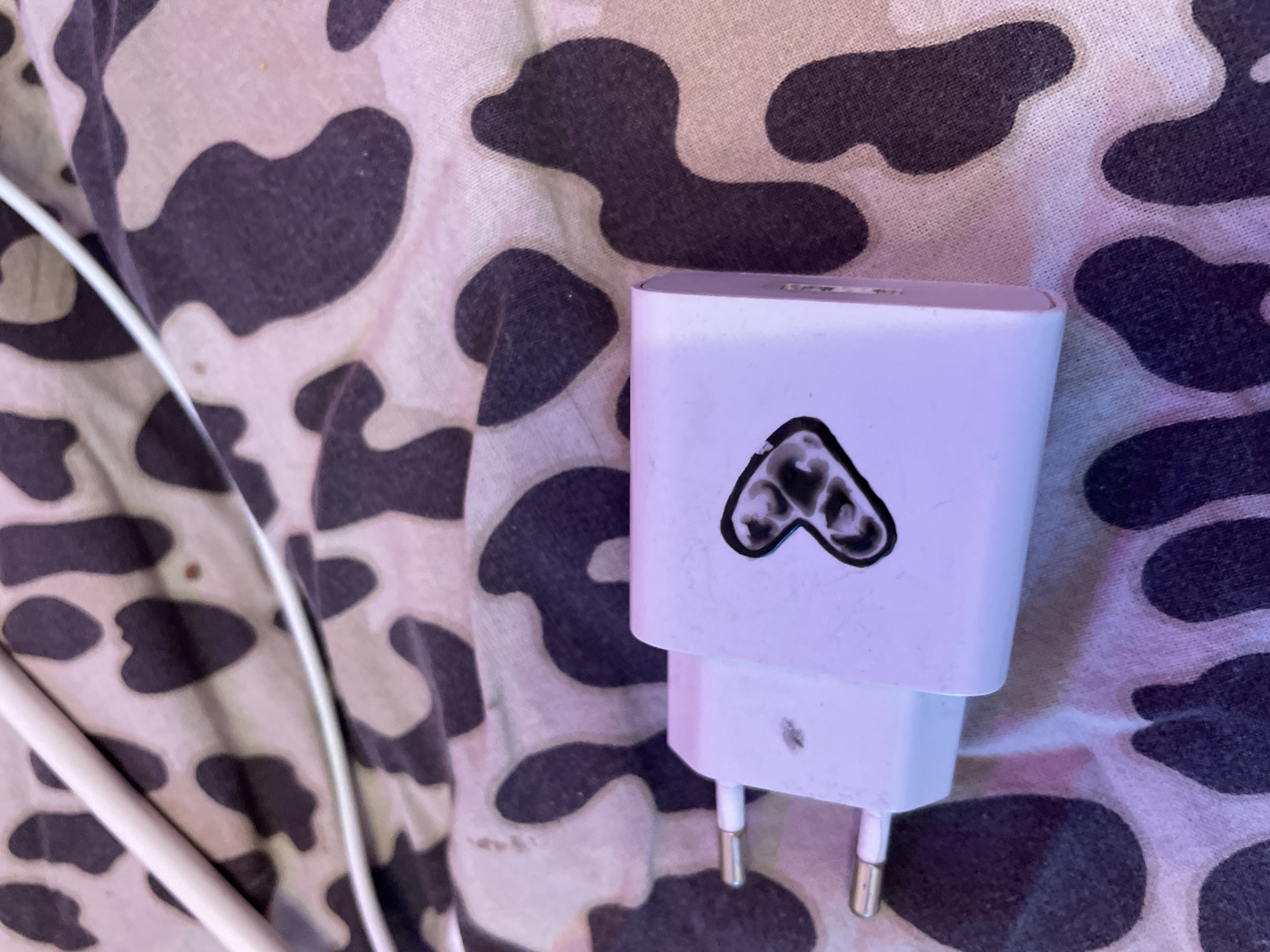 A white European-style power adapter with a black heart logo is positioned on a beige and dark purple patterned fabric. The adapter has two visible metal prongs on its left side. A white charging cable runs diagonally across the image, over the fabric. The fabric appears to be a soft material, possibly a blanket or clothing, with a leopard-like print. The scene is dimly lit, with a slight purple hue. No people are present in the image. The location is stated to be Ladozhskoe Ozero, Russia.
