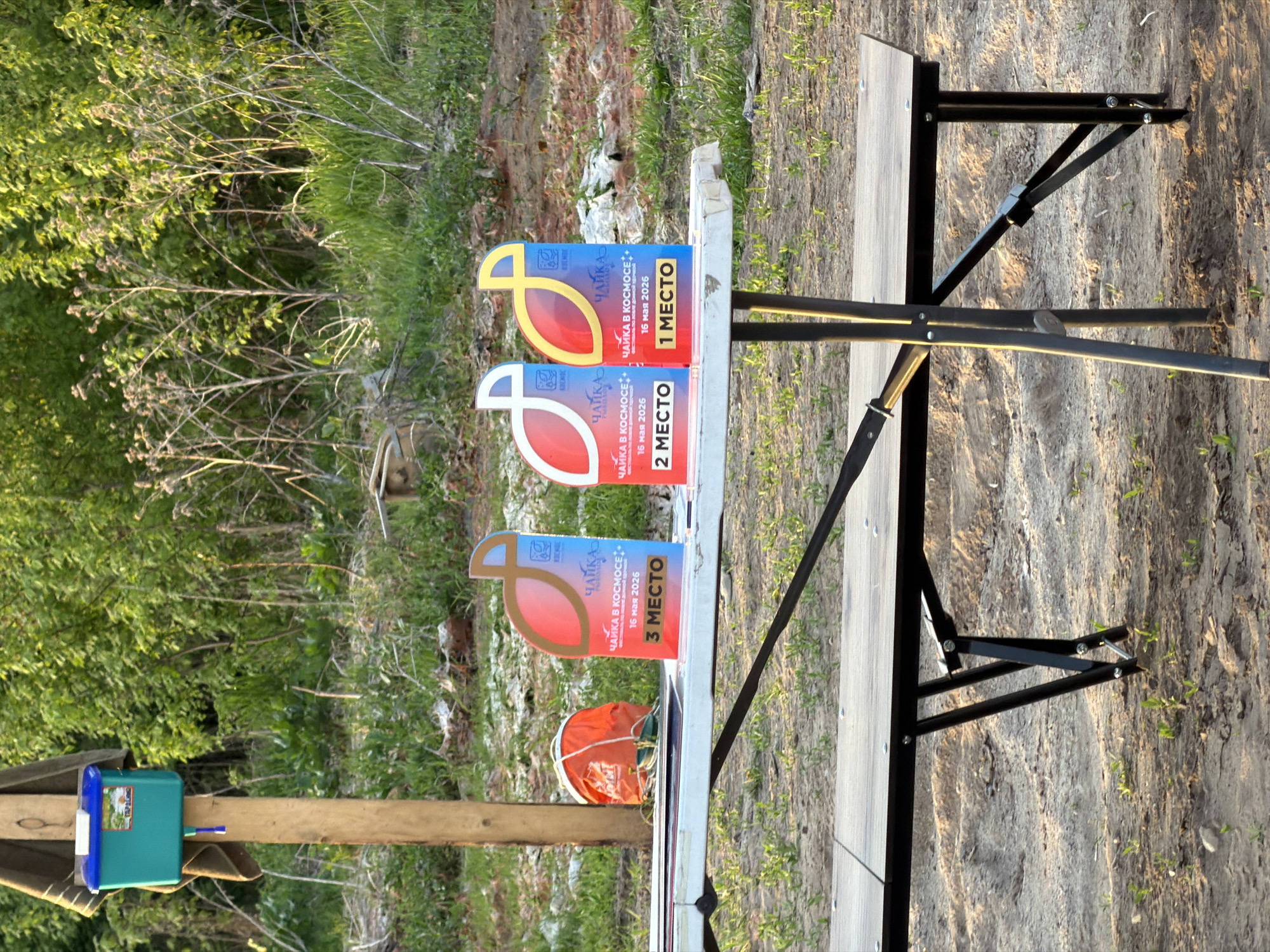The image shows an outdoor scene in Krasnyi Bor, Russia, featuring a folding table with three signs indicating 1st, 2nd, and 3rd place. The signs are labelled with the Russian text "ЧАЙКА В КОСМОСЕ" (Seagull in Space) and the date "16 мая 2026" (May 16, 2026). A blue water cooler is attached to a wooden post near the table. The ground is sandy and partially covered with vegetation. There is a forest area visible in the background, along with some brick or rock debris. An orange bag rests on the table.