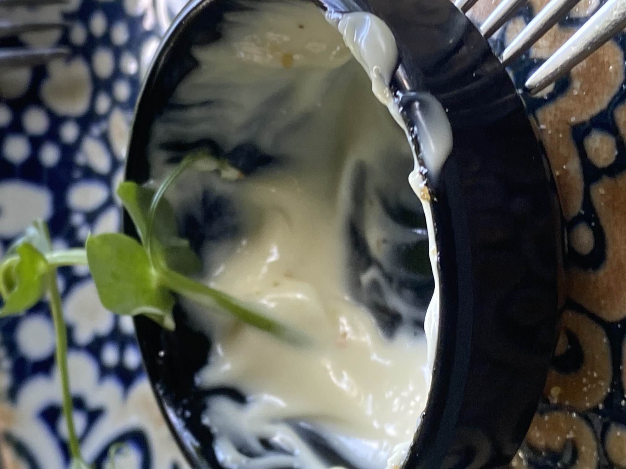 A close-up shot captures a small, black bowl filled with a creamy, white sauce. A delicate green sprout emerges from the sauce on the left side of the bowl. The bowl is placed on a patterned surface with blue and white circular designs, possibly a plate or placemat. A silver fork is visible at the top right, its tines resting on the edge of the bowl and the patterned surface. The lighting suggests it could be daytime, as there are reflections on the glossy surfaces. The overall scene appears to be a culinary presentation or a detail shot of a dish, focusing on the texture of the sauce and the fresh garnish. The background is blurred, emphasizing the subject. There is no visible text in the image. The context of Varna, Bulgaria, suggests this might be a dish from that region, although the image itself provides no explicit clues about the location.